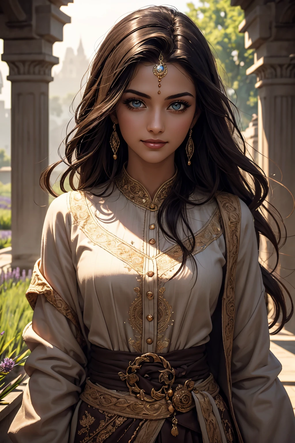 A stunning Indian beauty, with dark brown-black long wavy long hair, with mesmerizing feature with a Hopeful smiling expression, finely detailed eyes, happy mood masterpiece, top quality, best quality, official art, beautiful and aesthetic:1.2), (1girl), extreme detailed,(fractal art:1.3), colorful, highest detailed, (masterpiece, best quality:1.3) 1 bright-green-eyed woman, professional digital painting, Unreal Engine 5. In a 1920 setting, holding lavender flowers at a Lavender flower farm, wearing 1930 style clothing, South-Indian woman, olive-skinned woman, masterpiece, top quality, best quality, official art, beautiful and aesthetic:1.2), (1girl), extreme detailed,(fractal art:1.3), colorful, highest detailed, (masterpiece, best quality:1.3) 1 green-eyed woman, professional digital painting, Unreal Engine 5. Wearing embroidered linen blouse, Wearing long pleated skirt, Wearing Moleskin Field Jacket. Long hair, hopeful expression, finely detailed eyes, smiling, epic scene, epic composition, Cinematic Lighting, Volumetric Lighting, ethereal light, intricate details, extremely detailed volumetric rays. Green Eyes. [Beautiful girl, linen shirt and pants, oil painting, Detailed facial features, Sunlight, bright colors, dramatic lighting, expressive eyes and lips, High Resolution, 4K quality, Photorealistic] 1920 clothing, 1930 clothing, red, orange, yellow, blue, purple, pink,
