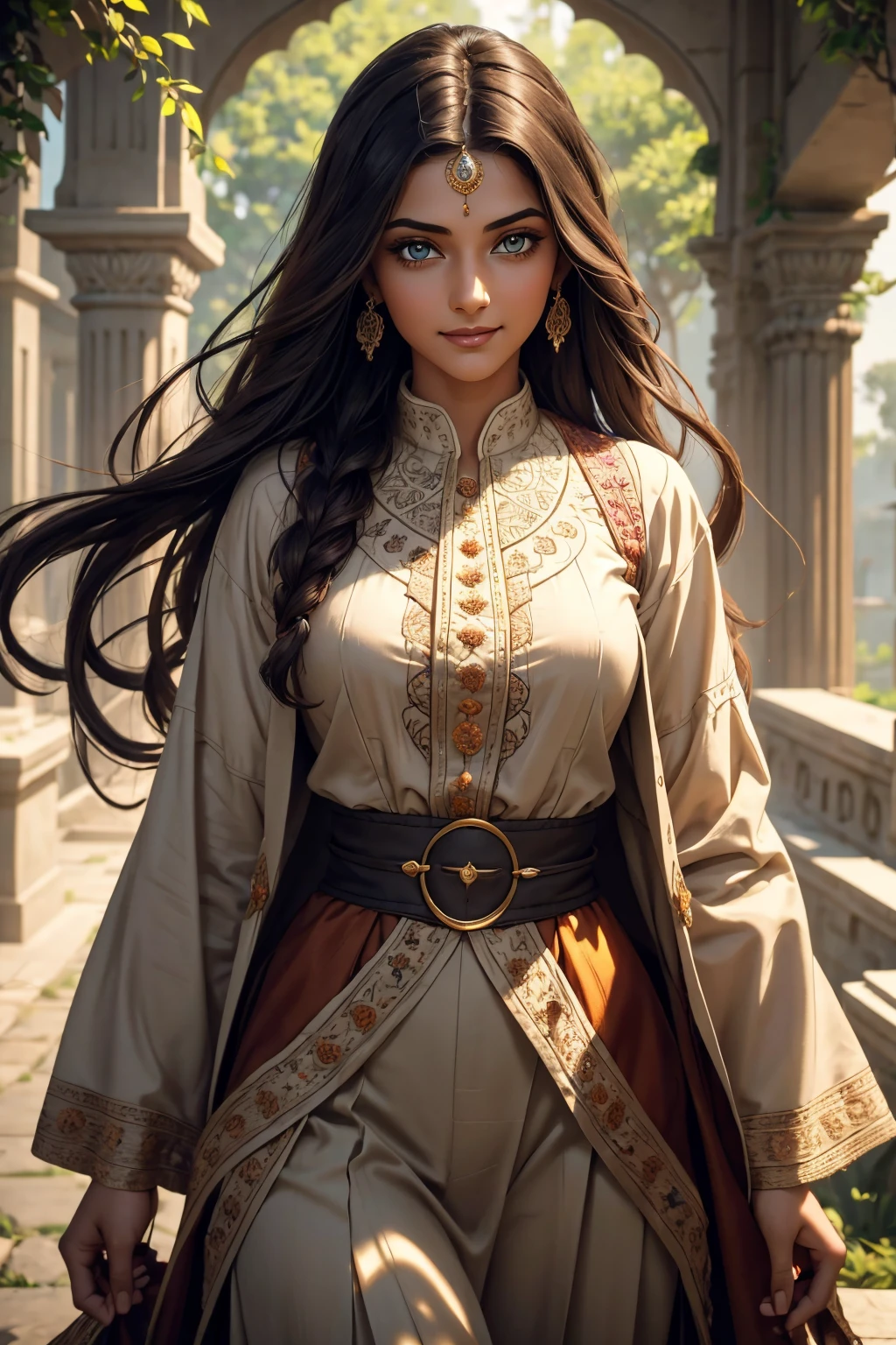 A stunning Indian beauty, with dark brown-black long wavy long hair, with mesmerizing feature with a Hopeful smiling expression, finely detailed eyes, happy mood masterpiece, top quality, best quality, official art, beautiful and aesthetic:1.2), (1girl), extreme detailed,(fractal art:1.3), colorful, highest detailed, (masterpiece, best quality:1.3) 1 bright-green-eyed woman, professional digital painting, Unreal Engine 5. In a 1920 setting, holding lavender flowers at a Lavender flower farm, wearing 1930 style clothing, South-Indian woman, olive-skinned woman, masterpiece, top quality, best quality, official art, beautiful and aesthetic:1.2), (1girl), extreme detailed,(fractal art:1.3), colorful, highest detailed, (masterpiece, best quality:1.3) 1 green-eyed woman, professional digital painting, Unreal Engine 5. Wearing embroidered linen blouse, Wearing long pleated skirt, Wearing Moleskin Field Jacket. Long hair, hopeful expression, finely detailed eyes, smiling, epic scene, epic composition, Cinematic Lighting, Volumetric Lighting, ethereal light, intricate details, extremely detailed volumetric rays. Green Eyes. [Beautiful girl, linen shirt and pants, oil painting, Detailed facial features, Sunlight, bright colors, dramatic lighting, expressive eyes and lips, High Resolution, 4K quality, Photorealistic] 1920 clothing, 1930 clothing, red, orange, yellow, blue, purple, pink,
