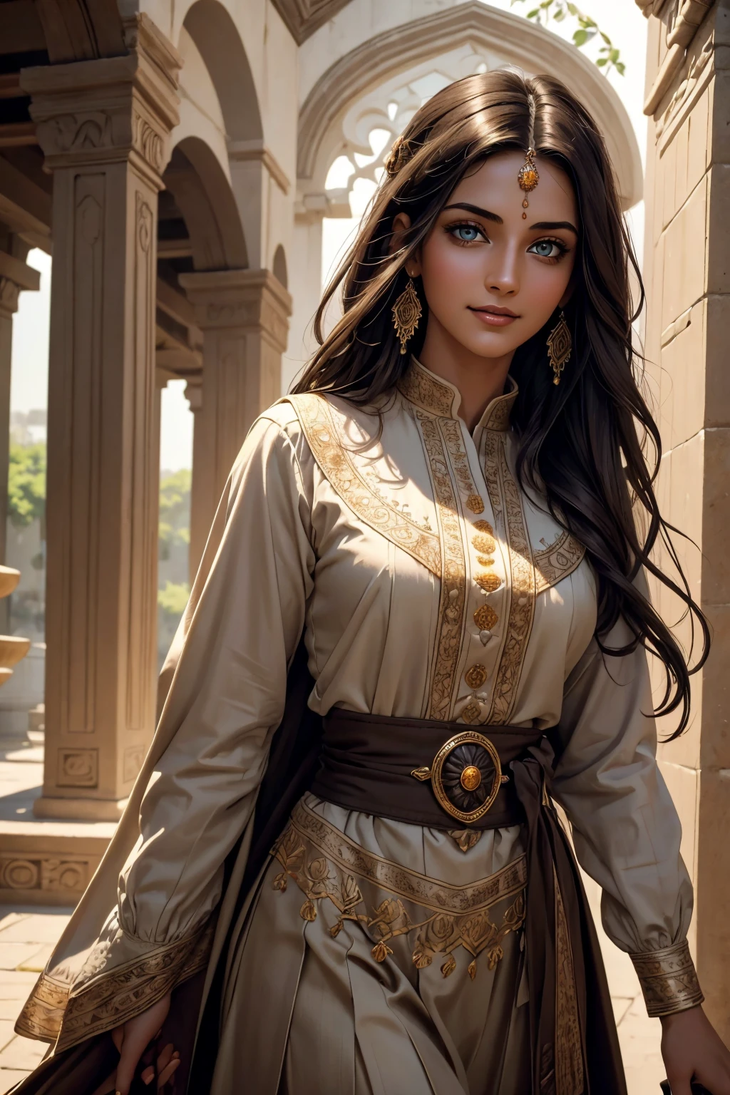 A stunning Indian beauty, with dark brown-black long wavy long hair, with mesmerizing feature with a Hopeful smiling expression, finely detailed eyes, happy mood masterpiece, top quality, best quality, official art, beautiful and aesthetic:1.2), (1girl), extreme detailed,(fractal art:1.3), colorful, highest detailed, (masterpiece, best quality:1.3) 1 bright-green-eyed woman, professional digital painting, Unreal Engine 5. In a 1920 setting, holding lavender flowers at a Lavender flower farm, wearing 1930 style clothing, South-Indian woman, olive-skinned woman, masterpiece, top quality, best quality, official art, beautiful and aesthetic:1.2), (1girl), extreme detailed,(fractal art:1.3), colorful, highest detailed, (masterpiece, best quality:1.3) 1 green-eyed woman, professional digital painting, Unreal Engine 5. Wearing embroidered linen blouse, Wearing long pleated skirt, Wearing Moleskin Field Jacket. Long hair, hopeful expression, finely detailed eyes, smiling, epic scene, epic composition, Cinematic Lighting, Volumetric Lighting, ethereal light, intricate details, extremely detailed volumetric rays. Green Eyes. [Beautiful girl, linen shirt and pants, oil painting, Detailed facial features, Sunlight, bright colors, dramatic lighting, expressive eyes and lips, High Resolution, 4K quality, Photorealistic] 1920 clothing, 1930 clothing,
