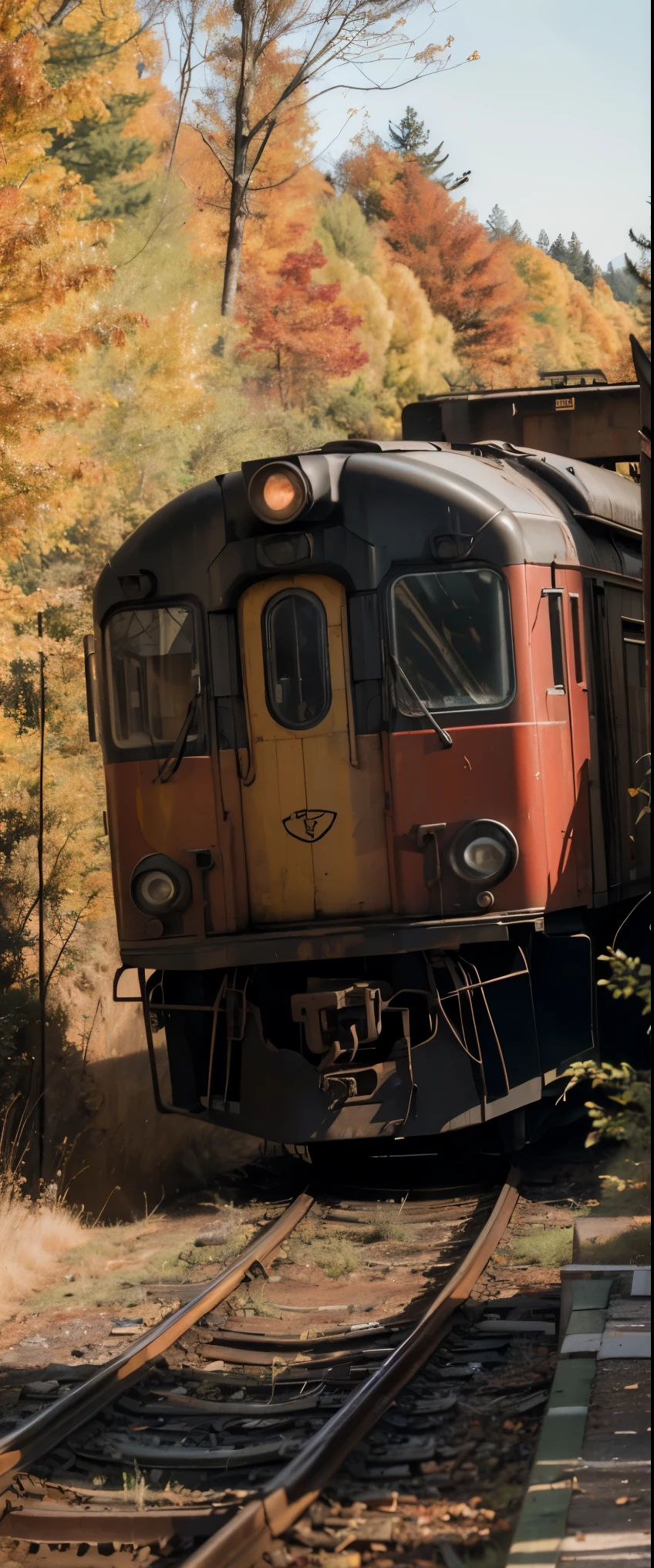 ((masterpiece, highest quality, Highest image quality, High resolution, photorealistic, Raw photo, 8K)), there is a train that is parked on the tracks in the woods, an abandoned rusted train, 4 0 9 6, trains, photograph taken in 2 0 2 0, left profile, train, ((rust)), photo of poor condition, closeup shot, profile close-up view, instagram photo, snapchat photo, former, unusual composition,