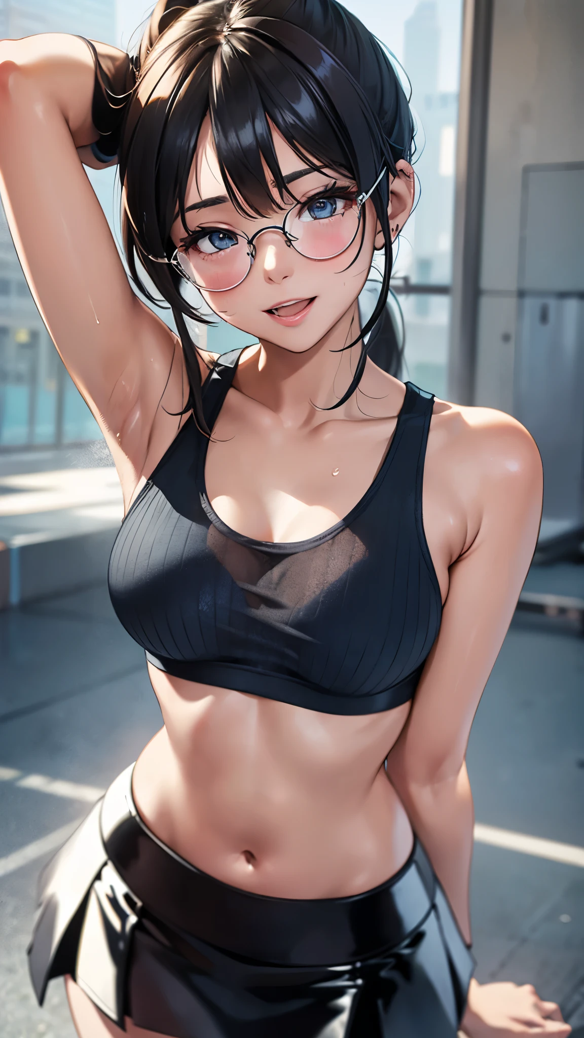 1 female,black hair,25 years old,(((blue shiny micro tight skirt)))((white tank top))(((blush、open mouth smile)),(((straight hair))),(((portrait))),crowd,,(wet with sweat)(sexy black bra and see-through tank top)(Glasses)(((small breasts)))((low ponytail))