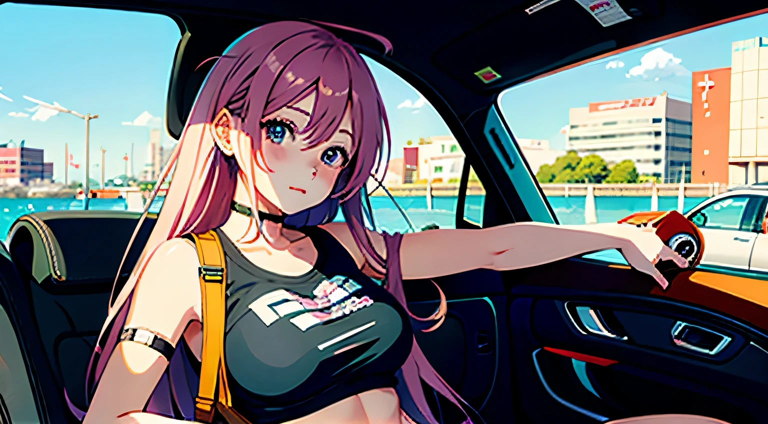 Anime girl sitting in car with hand on chin, Anime visuals of cute girls, Seductive Anime Girl, charming anime girls, anime styled, High quality anime art style, Beautiful anime girl, young anime girl, Anime Girl, Anime Girl with Long Hair, tight crop top, big breast, background is Tokyo city 80s,  an anime girl, Cute anime girl