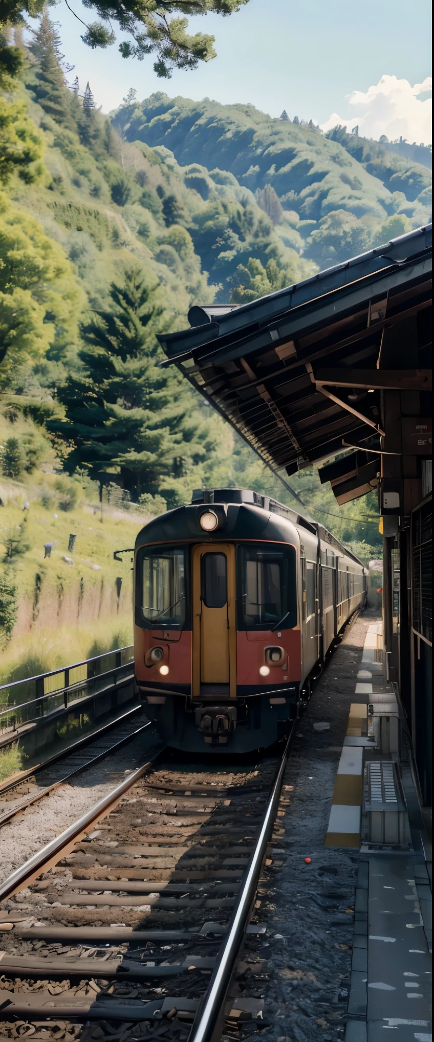 ((masterpiece, highest quality, Highest image quality, High resolution, photorealistic, Raw photo, 8K)), Train coming into the station, train in the background, [ graphic photo ], Karuizawa, train, portrait! outdoor, museum, viewpoint photo, exhibition, small station in the countryside of Japan, travel, train, iphone photo, very real, outdoor photo,