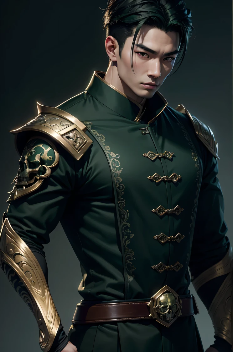 masterpiece, best quality, 8k, sharp focus, realistic, (detailed)), ((good highlights), 1  young Chinese man , , detailed face, detail skin texture, ultra-detailed body:1.1), 32k resolution:1.3))), highest quality, highly quality, he have dark green hair , wearing dark green and black outfit , moons and skull pattern,