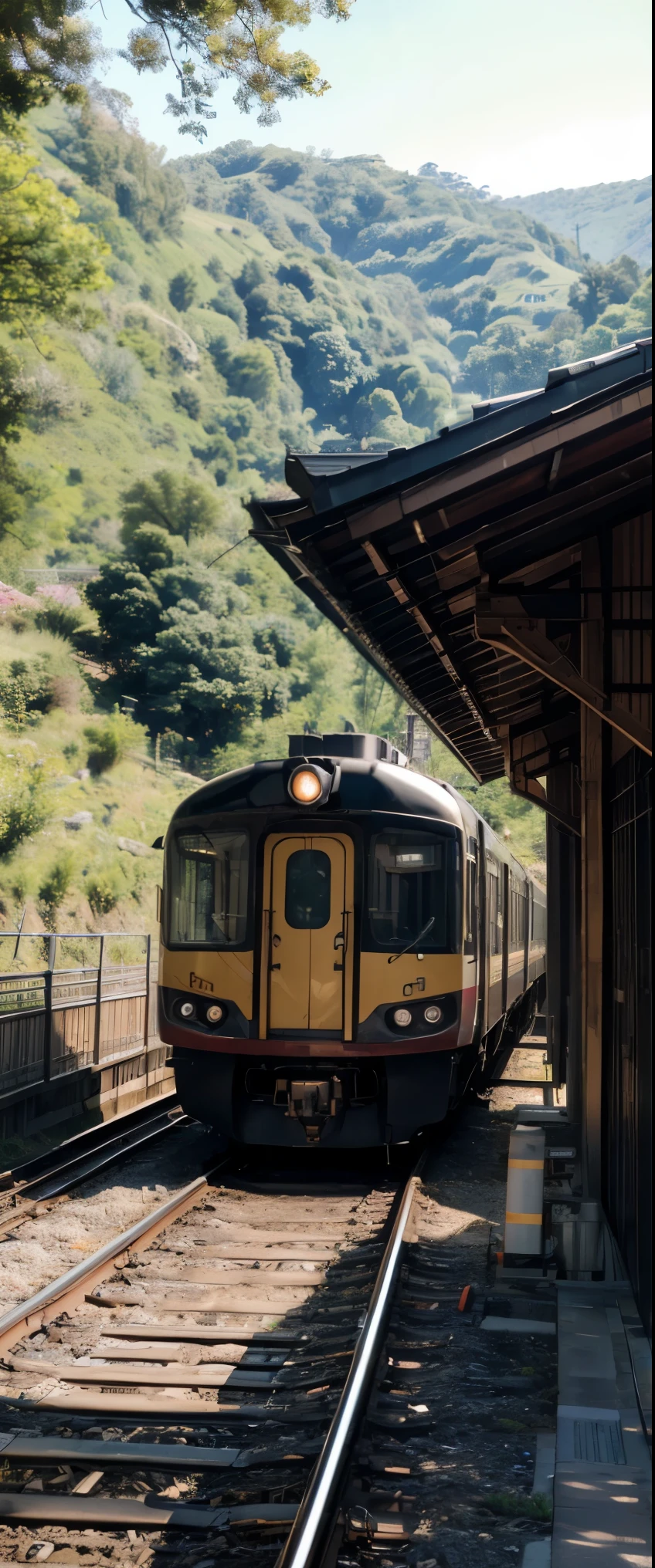 ((masterpiece, highest quality, Highest image quality, High resolution, photorealistic, Raw photo, 8K)), Train coming into the station, train in the background, [ graphic photo ], Karuizawa, train, portrait! outdoor, museum, viewpoint photo, exhibition, small station in the countryside of Japan, travel, train, iphone photo, very real, outdoor photo,