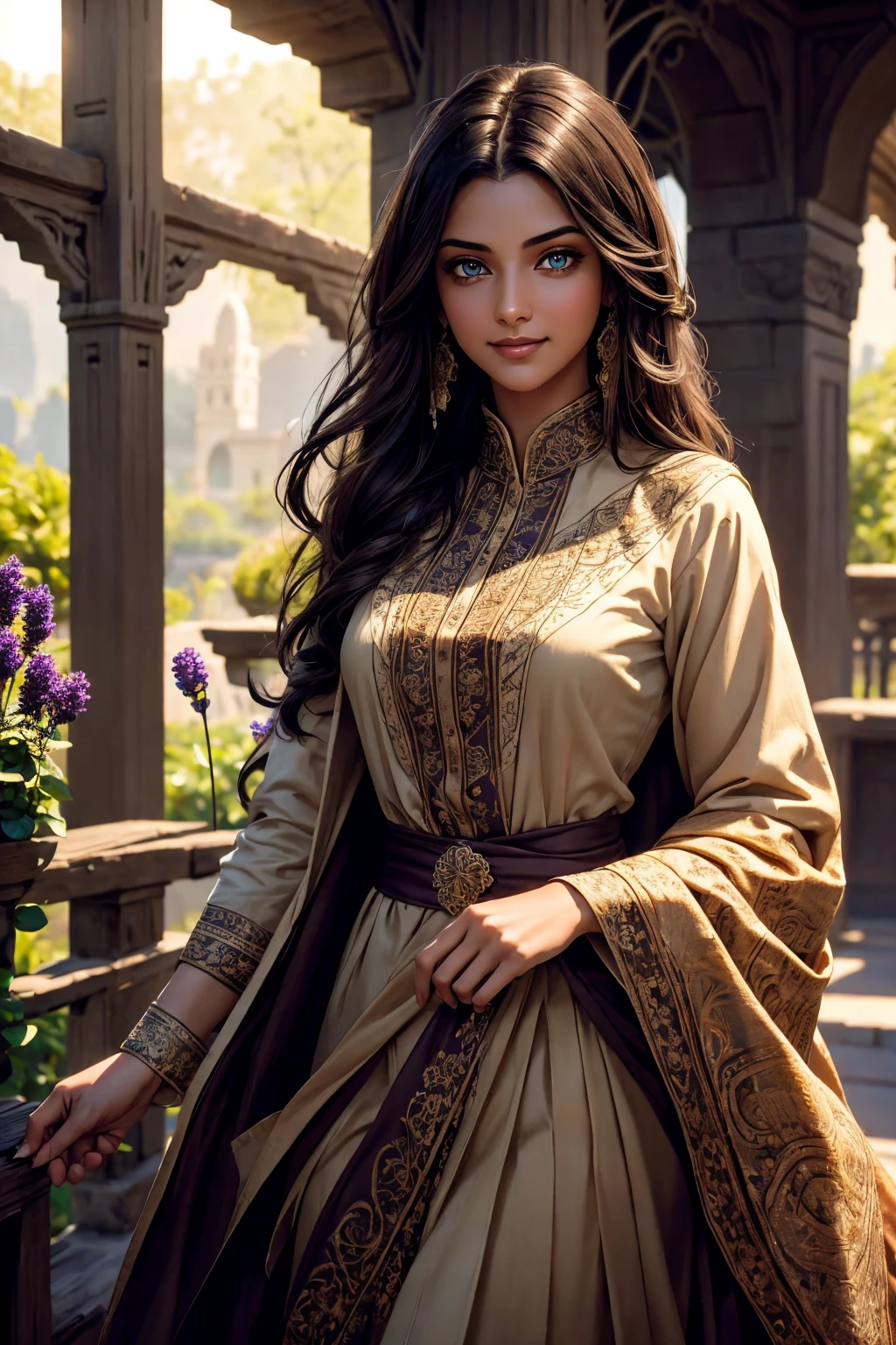 A stunning Indian beauty, with dark brown-black long wavy long hair, with mesmerizing feature with a Hopeful smiling expression, finely detailed eyes, happy mood masterpiece, top quality, best quality, official art, beautiful and aesthetic:1.2), (1girl), extreme detailed,(fractal art:1.3), colorful, highest detailed, (masterpiece, best quality:1.3) 1 bright-green-eyed woman, professional digital painting, Unreal Engine 5. In a 1920 setting, holding lavender flowers at a Lavender flower farm, wearing 1930 style clothing, South-Indian woman, olive-skinned woman, masterpiece, top quality, best quality, official art, beautiful and aesthetic:1.2), (1girl), extreme detailed,(fractal art:1.3), colorful, highest detailed, (masterpiece, best quality:1.3) 1 green-eyed woman, professional digital painting, Unreal Engine 5. Wearing embroidered linen blouse, Wearing long pleated skirt, Wearing Moleskin Field Jacket. Long hair, hopeful expression, finely detailed eyes, smiling, epic scene, epic composition, Cinematic Lighting, Volumetric Lighting, ethereal light, intricate details, extremely detailed volumetric rays. Green Eyes. [Beautiful girl, linen shirt and pants, oil painting, Detailed facial features, Sunlight, bright colors, dramatic lighting, expressive eyes and lips, High Resolution, 4K quality, Photorealistic] 1920 clothing, 1930 clothing,
