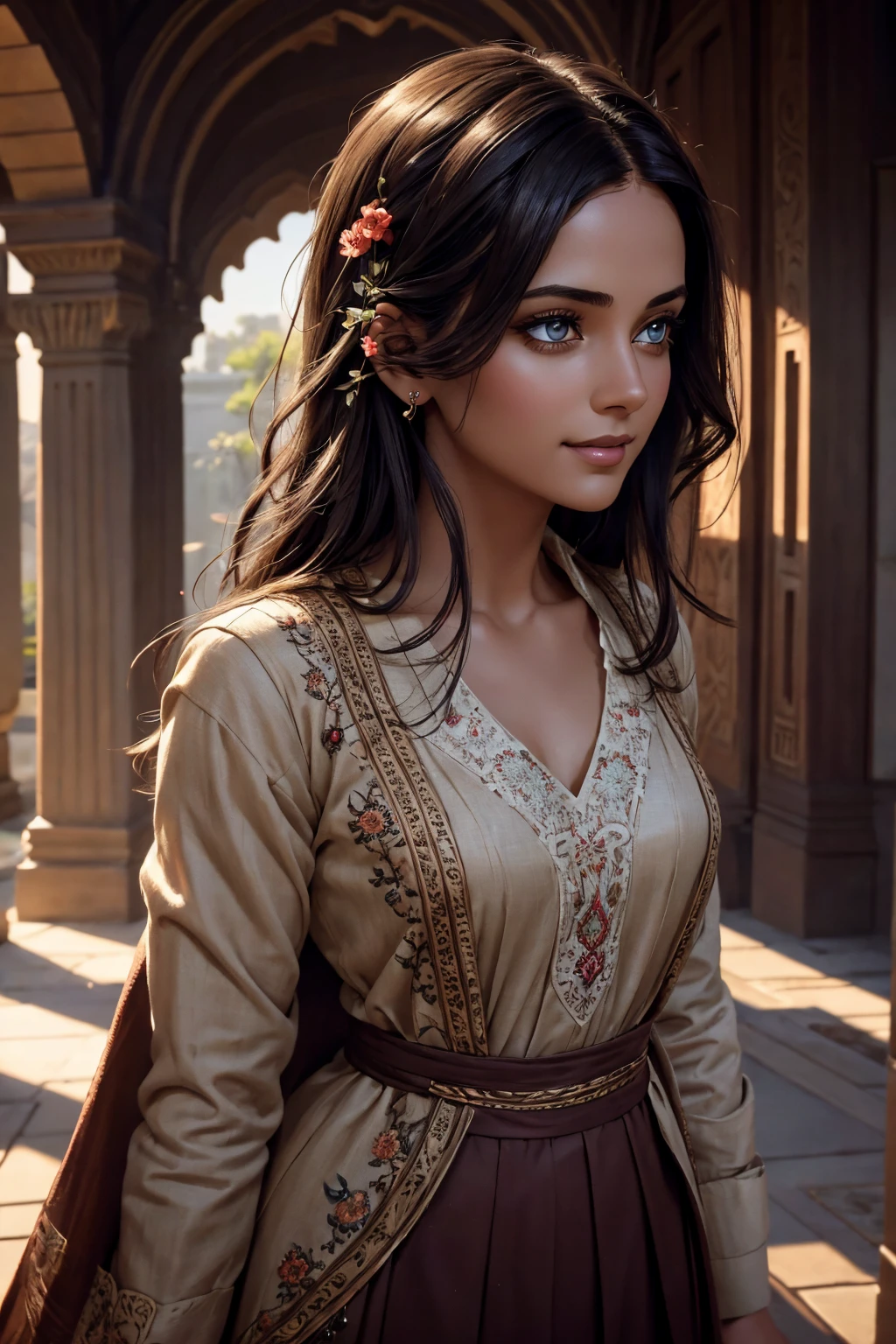 A stunning Indian beauty, with dark brown-black long wavy long hair, with mesmerizing feature with a Hopeful smiling expression, finely detailed eyes, happy mood masterpiece, top quality, best quality, official art, beautiful and aesthetic:1.2), (1girl), extreme detailed,(fractal art:1.3), colorful, highest detailed, (masterpiece, best quality:1.3) 1 bright-green-eyed woman, professional digital painting, Unreal Engine 5. In a 1920 setting, holding lavender flowers at a Lavender flower farm, wearing 1930 style clothing, South-Indian woman, olive-skinned woman, masterpiece, top quality, best quality, official art, beautiful and aesthetic:1.2), (1girl), extreme detailed,(fractal art:1.3), colorful, highest detailed, (masterpiece, best quality:1.3) 1 green-eyed woman, professional digital painting, Unreal Engine 5. Wearing embroidered linen blouse, Wearing long pleated skirt, Wearing Moleskin Field Jacket. Long hair, hopeful expression, finely detailed eyes, smiling, epic scene, epic composition, Cinematic Lighting, Volumetric Lighting, ethereal light, intricate details, extremely detailed volumetric rays. Green Eyes. [Beautiful girl, linen shirt and pants, oil painting, Detailed facial features, Sunlight, bright colors, dramatic lighting, expressive eyes and lips, High Resolution, 4K quality, Photorealistic] 1920 clothing, 1930 clothing,
