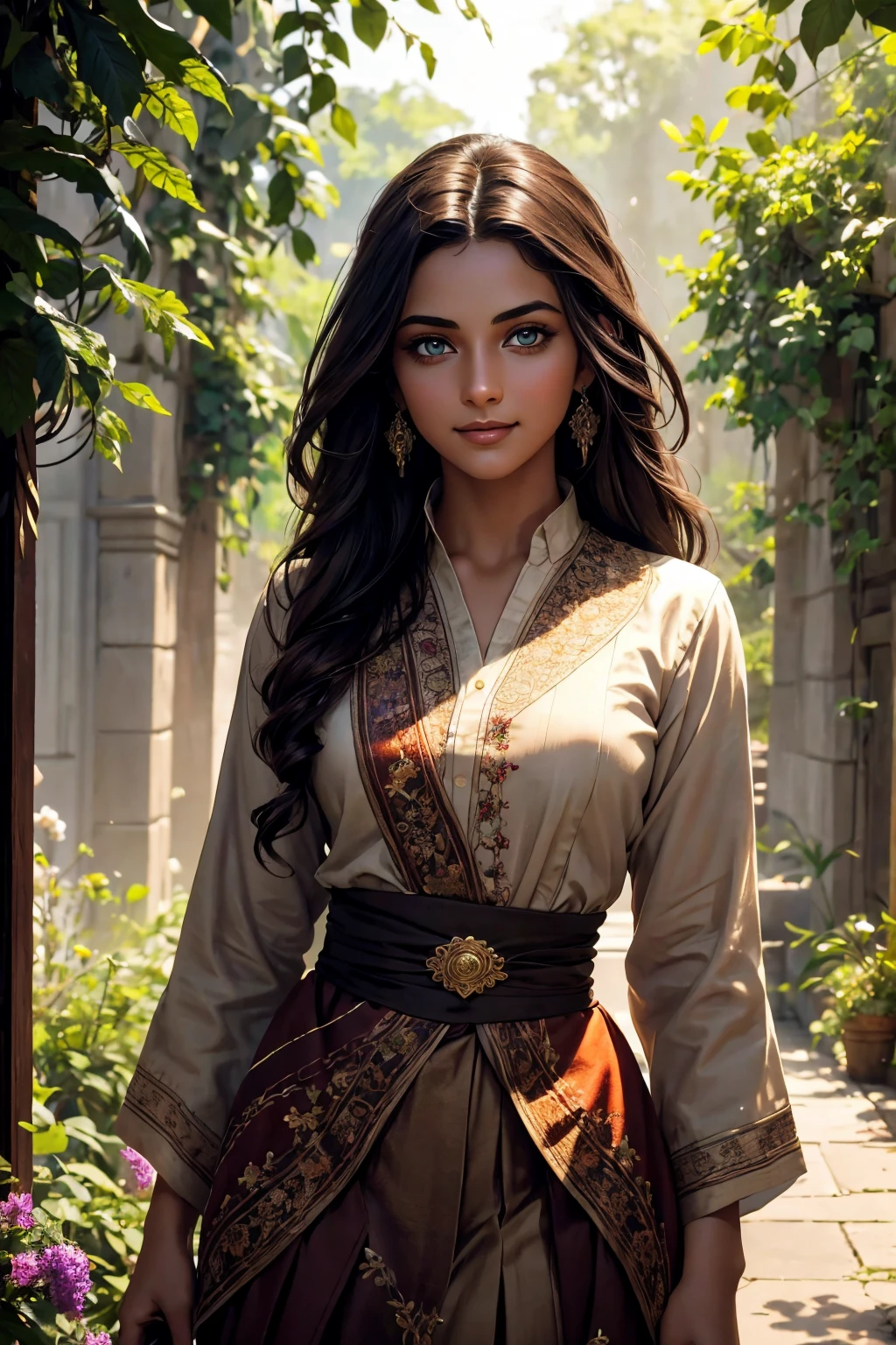 A stunning Indian beauty, with dark brown-black long wavy long hair, with mesmerizing feature with a Hopeful smiling expression, finely detailed eyes, happy mood masterpiece, top quality, best quality, official art, beautiful and aesthetic:1.2), (1girl), extreme detailed,(fractal art:1.3), colorful, highest detailed, (masterpiece, best quality:1.3) 1 bright-green-eyed woman, professional digital painting, Unreal Engine 5. In a 1920 setting, holding lavender flowers at a Lavender flower farm, wearing 1930 style clothing, South-Indian woman, olive-skinned woman, masterpiece, top quality, best quality, official art, beautiful and aesthetic:1.2), (1girl), extreme detailed,(fractal art:1.3), colorful, highest detailed, (masterpiece, best quality:1.3) 1 green-eyed woman, professional digital painting, Unreal Engine 5. Wearing embroidered linen blouse, Wearing long pleated skirt, Wearing Moleskin Field Jacket. Long hair, hopeful expression, finely detailed eyes, smiling, epic scene, epic composition, Cinematic Lighting, Volumetric Lighting, ethereal light, intricate details, extremely detailed volumetric rays. Green Eyes. [Beautiful girl, linen shirt and pants, oil painting, Detailed facial features, Sunlight, bright colors, dramatic lighting, expressive eyes and lips, High Resolution, 4K quality, Photorealistic] 1920 clothing, 1930 clothing,

