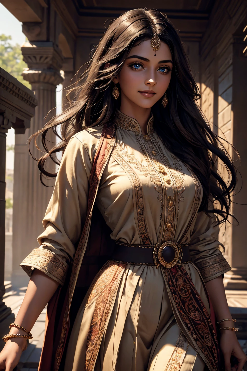 A stunning Indian beauty, with dark brown-black long wavy long hair, with mesmerizing feature with a Hopeful smiling expression, finely detailed eyes, happy mood masterpiece, top quality, best quality, official art, beautiful and aesthetic:1.2), (1girl), extreme detailed,(fractal art:1.3), colorful, highest detailed, (masterpiece, best quality:1.3) 1 bright-green-eyed woman, professional digital painting, Unreal Engine 5. In a 1920 setting, holding lavender flowers at a Lavender flower farm, wearing 1930 style clothing, South-Indian woman, olive-skinned woman, masterpiece, top quality, best quality, official art, beautiful and aesthetic:1.2), (1girl), extreme detailed,(fractal art:1.3), colorful, highest detailed, (masterpiece, best quality:1.3) 1 green-eyed woman, professional digital painting, Unreal Engine 5. Wearing embroidered linen blouse, Wearing long pleated skirt, Wearing Moleskin Field Jacket. Long hair, hopeful expression, finely detailed eyes, smiling, epic scene, epic composition, Cinematic Lighting, Volumetric Lighting, ethereal light, intricate details, extremely detailed volumetric rays. Green Eyes. [Beautiful girl, linen shirt and pants, oil painting, Detailed facial features, Sunlight, bright colors, dramatic lighting, expressive eyes and lips, High Resolution, 4K quality, Photorealistic] 1920 clothing, 1930 clothing,
