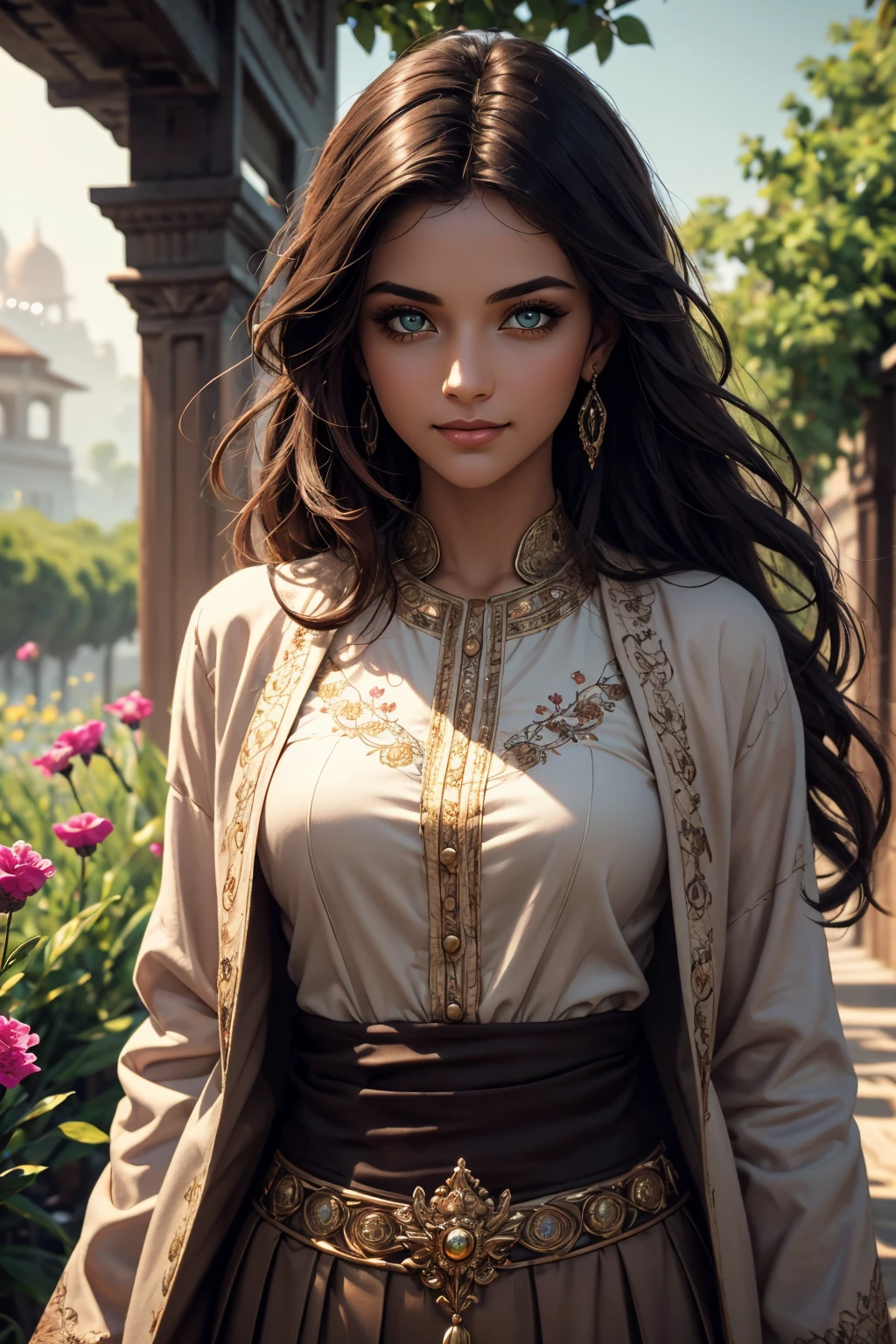 A stunning Indian beauty, with dark brown-black long wavy long hair, with mesmerizing feature with a Hopeful smiling expression, finely detailed eyes, happy mood masterpiece, top quality, best quality, official art, beautiful and aesthetic:1.2), (1girl), extreme detailed,(fractal art:1.3), colorful, highest detailed, (masterpiece, best quality:1.3) 1 bright-green-eyed woman, professional digital painting, Unreal Engine 5. In a 1920 setting, holding lavender flowers at a Lavender flower farm, wearing 1930 style clothing, South-Indian woman, olive-skinned woman, masterpiece, top quality, best quality, official art, beautiful and aesthetic:1.2), (1girl), extreme detailed,(fractal art:1.3), colorful, highest detailed, (masterpiece, best quality:1.3) 1 green-eyed woman, professional digital painting, Unreal Engine 5. Wearing embroidered linen blouse, Wearing long pleated skirt, Wearing Moleskin Field Jacket. Long hair, hopeful expression, finely detailed eyes, smiling, epic scene, epic composition, Cinematic Lighting, Volumetric Lighting, ethereal light, intricate details, extremely detailed volumetric rays. Green Eyes. [Beautiful girl, linen shirt and pants, oil painting, Detailed facial features, Sunlight, bright colors, dramatic lighting, expressive eyes and lips, High Resolution, 4K quality, Photorealistic] 1920 clothing, 1930 clothing, red, orange, yellow, blue, purple, pink,
