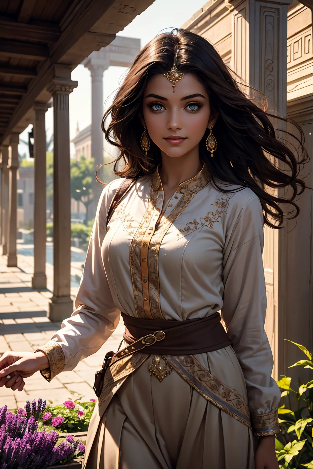 A stunning Indian beauty, with dark brown-black long wavy long hair, with mesmerizing feature with a Hopeful smiling expression, finely detailed eyes, happy mood masterpiece, top quality, best quality, official art, beautiful and aesthetic:1.2), (1girl), extreme detailed,(fractal art:1.3), colorful, highest detailed, (masterpiece, best quality:1.3) 1 bright-green-eyed woman, professional digital painting, Unreal Engine 5. In a 1920 setting, holding lavender flowers at a Lavender flower farm, wearing 1930 style clothing, South-Indian woman, olive-skinned woman, masterpiece, top quality, best quality, official art, beautiful and aesthetic:1.2), (1girl), extreme detailed,(fractal art:1.3), colorful, highest detailed, (masterpiece, best quality:1.3) 1 green-eyed woman, professional digital painting, Unreal Engine 5. Wearing embroidered linen blouse, Wearing long pleated skirt, Wearing Moleskin Field Jacket. Long hair, hopeful expression, finely detailed eyes, smiling, epic scene, epic composition, Cinematic Lighting, Volumetric Lighting, ethereal light, intricate details, extremely detailed volumetric rays. Green Eyes. [Beautiful girl, linen shirt and pants, oil painting, Detailed facial features, Sunlight, bright colors, dramatic lighting, expressive eyes and lips, High Resolution, 4K quality, Photorealistic] 1920 clothing, 1930 clothing,
