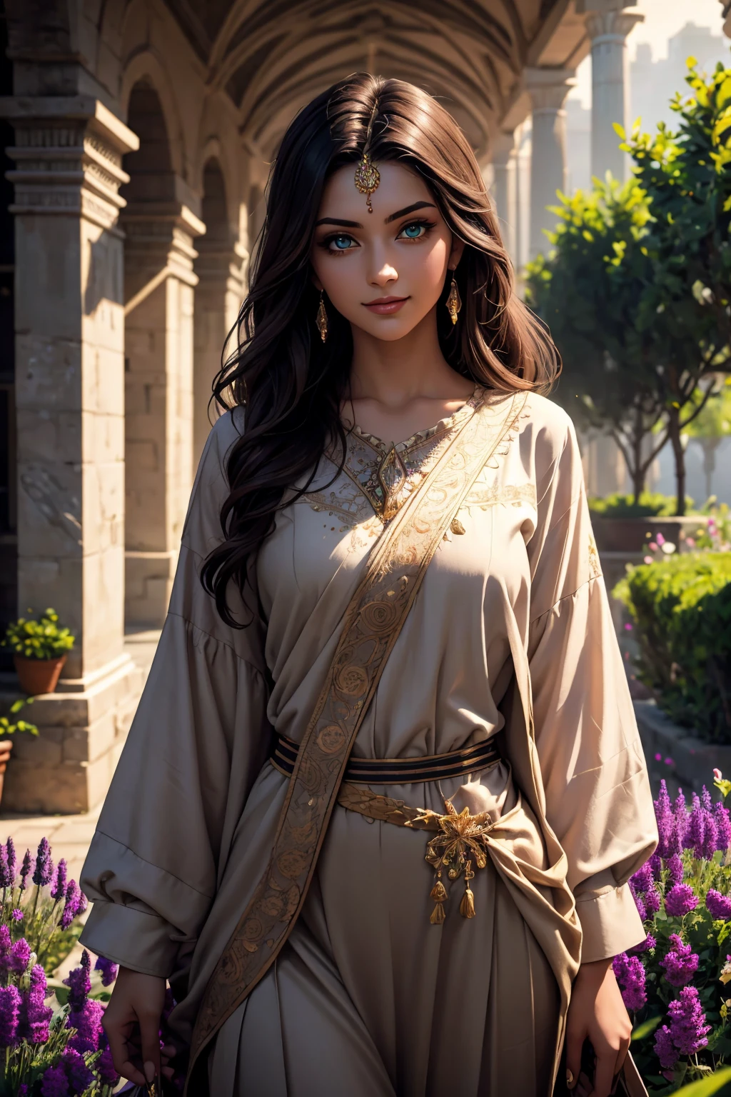 A stunning Indian beauty, with dark brown-black long wavy long hair, with mesmerizing feature with a Hopeful smiling expression, finely detailed eyes, happy mood masterpiece, top quality, best quality, official art, beautiful and aesthetic:1.2), (1girl), extreme detailed,(fractal art:1.3), colorful, highest detailed, (masterpiece, best quality:1.3) 1 bright-green-eyed woman, professional digital painting, Unreal Engine 5. In a 1920 setting, holding lavender flowers at a Lavender flower farm, wearing 1930 style clothing, South-Indian woman, olive-skinned woman, masterpiece, top quality, best quality, official art, beautiful and aesthetic:1.2), (1girl), extreme detailed,(fractal art:1.3), colorful, highest detailed, (masterpiece, best quality:1.3) 1 green-eyed woman, professional digital painting, Unreal Engine 5. Wearing embroidered linen blouse, Wearing long pleated skirt, Wearing Moleskin Field Jacket. Long hair, hopeful expression, finely detailed eyes, smiling, epic scene, epic composition, Cinematic Lighting, Volumetric Lighting, ethereal light, intricate details, extremely detailed volumetric rays. Green Eyes. [Beautiful girl, linen shirt and pants, oil painting, Detailed facial features, Sunlight, bright colors, dramatic lighting, expressive eyes and lips, High Resolution, 4K quality, Photorealistic] 1920 clothing, 1930 clothing,
