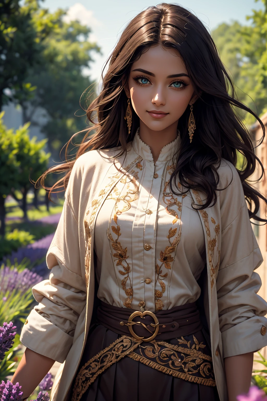 A stunning Indian beauty, with dark brown-black long wavy long hair, with mesmerizing feature with a Hopeful smiling expression, finely detailed eyes, happy mood masterpiece, top quality, best quality, official art, beautiful and aesthetic:1.2), (1girl), extreme detailed,(fractal art:1.3), colorful, highest detailed, (masterpiece, best quality:1.3) 1 bright-green-eyed woman, professional digital painting, Unreal Engine 5. In a 1920 setting, holding lavender flowers at a Lavender flower farm, wearing 1930 style clothing, South-Indian woman, olive-skinned woman, masterpiece, top quality, best quality, official art, beautiful and aesthetic:1.2), (1girl), extreme detailed,(fractal art:1.3), colorful, highest detailed, (masterpiece, best quality:1.3) 1 green-eyed woman, professional digital painting, Unreal Engine 5. Wearing embroidered linen blouse, Wearing long pleated skirt, Wearing Moleskin Field Jacket. Long hair, hopeful expression, finely detailed eyes, smiling, epic scene, epic composition, Cinematic Lighting, Volumetric Lighting, ethereal light, intricate details, extremely detailed volumetric rays. Green Eyes. [Beautiful girl, linen shirt and pants, oil painting, Detailed facial features, Sunlight, bright colors, dramatic lighting, expressive eyes and lips, High Resolution, 4K quality, Photorealistic] 1920 clothing, 1930 clothing, red, orange, yellow, blue, purple, pink,
