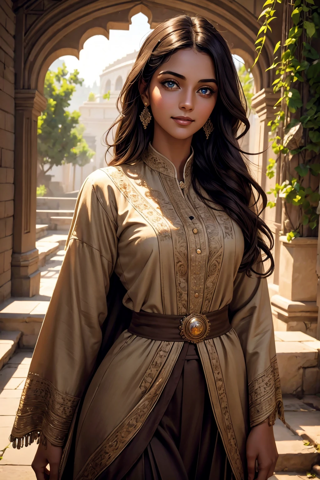 A stunning Indian beauty, with dark brown-black long wavy long hair, with mesmerizing feature with a Hopeful smiling expression, finely detailed eyes, happy mood masterpiece, top quality, best quality, official art, beautiful and aesthetic:1.2), (1girl), extreme detailed,(fractal art:1.3), colorful, highest detailed, (masterpiece, best quality:1.3) 1 bright-green-eyed woman, professional digital painting, Unreal Engine 5. In a 1920 setting, holding lavender flowers at a Lavender flower farm, wearing 1930 style clothing, South-Indian woman, olive-skinned woman, masterpiece, top quality, best quality, official art, beautiful and aesthetic:1.2), (1girl), extreme detailed,(fractal art:1.3), colorful, highest detailed, (masterpiece, best quality:1.3) 1 green-eyed woman, professional digital painting, Unreal Engine 5. Wearing embroidered linen blouse, Wearing long pleated skirt, Wearing Moleskin Field Jacket. Long hair, hopeful expression, finely detailed eyes, smiling, epic scene, epic composition, Cinematic Lighting, Volumetric Lighting, ethereal light, intricate details, extremely detailed volumetric rays. Green Eyes. [Beautiful girl, linen shirt and pants, oil painting, Detailed facial features, Sunlight, bright colors, dramatic lighting, expressive eyes and lips, High Resolution, 4K quality, Photorealistic] 1920 clothing, 1930 clothing, red, orange, yellow, blue, purple, pink,
