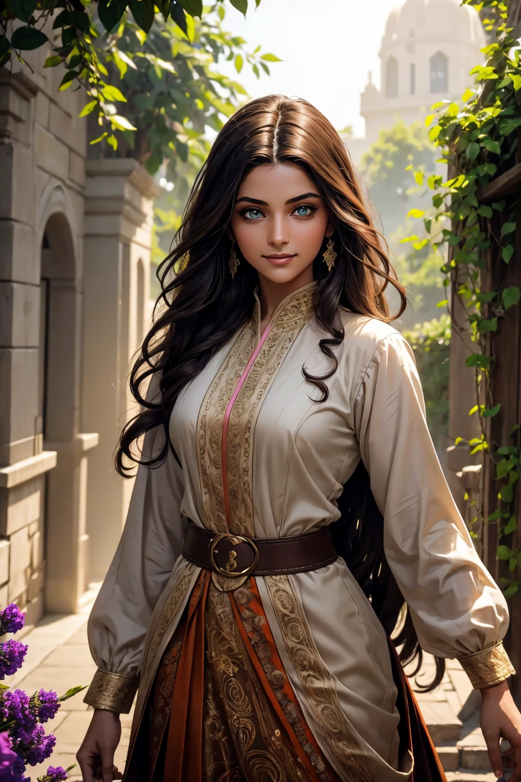A stunning Indian beauty, with dark brown-black long wavy long hair, with mesmerizing feature with a Hopeful smiling expression, finely detailed eyes, happy mood masterpiece, top quality, best quality, official art, beautiful and aesthetic:1.2), (1girl), extreme detailed,(fractal art:1.3), colorful, highest detailed, (masterpiece, best quality:1.3) 1 bright-green-eyed woman, professional digital painting, Unreal Engine 5. In a 1920 setting, holding lavender flowers at a Lavender flower farm, wearing 1930 style clothing, South-Indian woman, olive-skinned woman, masterpiece, top quality, best quality, official art, beautiful and aesthetic:1.2), (1girl), extreme detailed,(fractal art:1.3), colorful, highest detailed, (masterpiece, best quality:1.3) 1 green-eyed woman, professional digital painting, Unreal Engine 5. Wearing embroidered linen blouse, Wearing long pleated skirt, Wearing Moleskin Field Jacket. Long hair, hopeful expression, finely detailed eyes, smiling, epic scene, epic composition, Cinematic Lighting, Volumetric Lighting, ethereal light, intricate details, extremely detailed volumetric rays. Green Eyes. [Beautiful girl, linen shirt and pants, oil painting, Detailed facial features, Sunlight, bright colors, dramatic lighting, expressive eyes and lips, High Resolution, 4K quality, Photorealistic] 1920 clothing, 1930 clothing, red, orange, yellow, blue, purple, pink,
