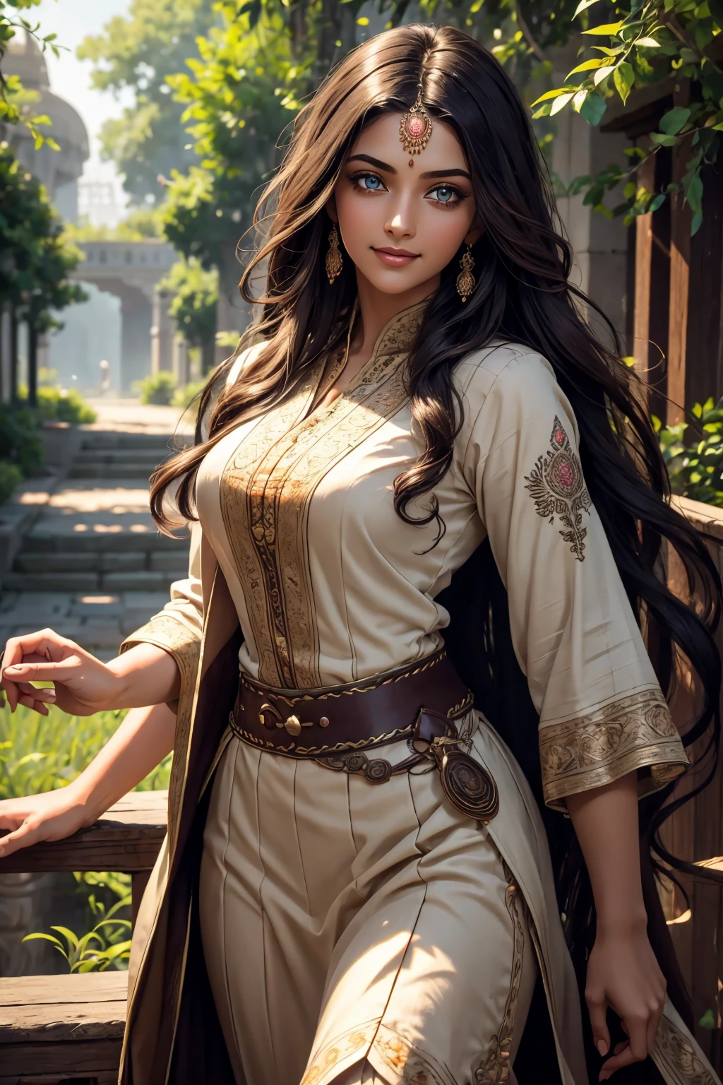 A stunning Indian beauty, with dark brown-black long wavy long hair, with mesmerizing feature with a Hopeful smiling expression, finely detailed eyes, happy mood masterpiece, top quality, best quality, official art, beautiful and aesthetic:1.2), (1girl), extreme detailed,(fractal art:1.3), colorful, highest detailed, (masterpiece, best quality:1.3) 1 bright-green-eyed woman, professional digital painting, Unreal Engine 5. In a 1920 setting, holding lavender flowers at a Lavender flower farm, wearing 1930 style clothing, South-Indian woman, olive-skinned woman, masterpiece, top quality, best quality, official art, beautiful and aesthetic:1.2), (1girl), extreme detailed,(fractal art:1.3), colorful, highest detailed, (masterpiece, best quality:1.3) 1 green-eyed woman, professional digital painting, Unreal Engine 5. Wearing embroidered linen blouse, Wearing long pleated skirt, Wearing Moleskin Field Jacket. Long hair, hopeful expression, finely detailed eyes, smiling, epic scene, epic composition, Cinematic Lighting, Volumetric Lighting, ethereal light, intricate details, extremely detailed volumetric rays. Green Eyes. [Beautiful girl, linen shirt and pants, oil painting, Detailed facial features, Sunlight, bright colors, dramatic lighting, expressive eyes and lips, High Resolution, 4K quality, Photorealistic] 1920 clothing, 1930 clothing,
