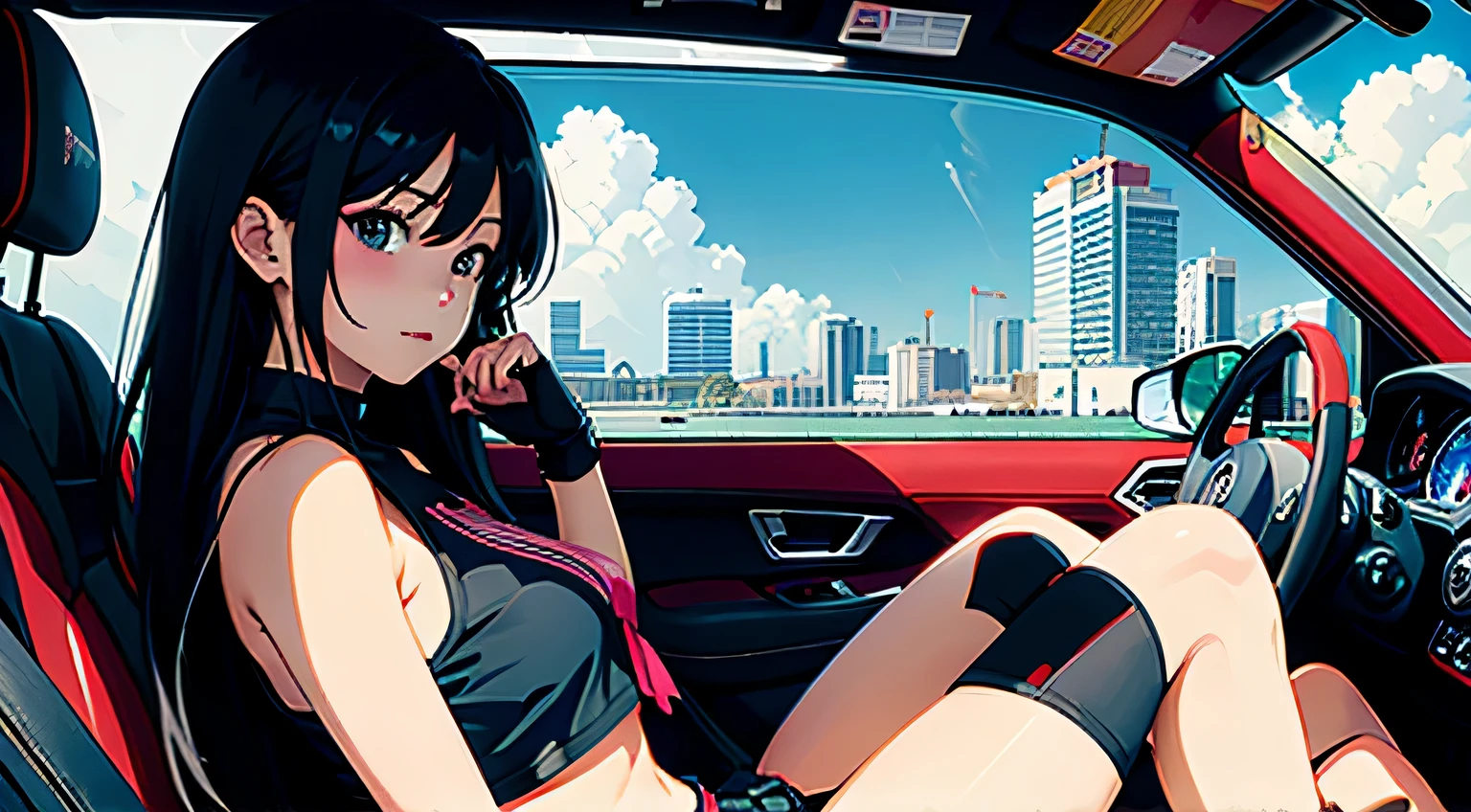 4K, A high resolution, Best quality at best, masterpiece, perfect colors, perfect shadow, perfect litthing, ((sportrait)), Anime girl sitting in car with hand on chin, Anime visuals of cute girls, Seductive Anime Girl, charming anime girls, anime styled, High quality anime art style, Beautiful anime girl, young anime girl, Anime Girl, Anime Girl with Long Hair, tight crop top, big breast, half breast open, background is Tokyo city 80s, an anime girl, Cute anime girl