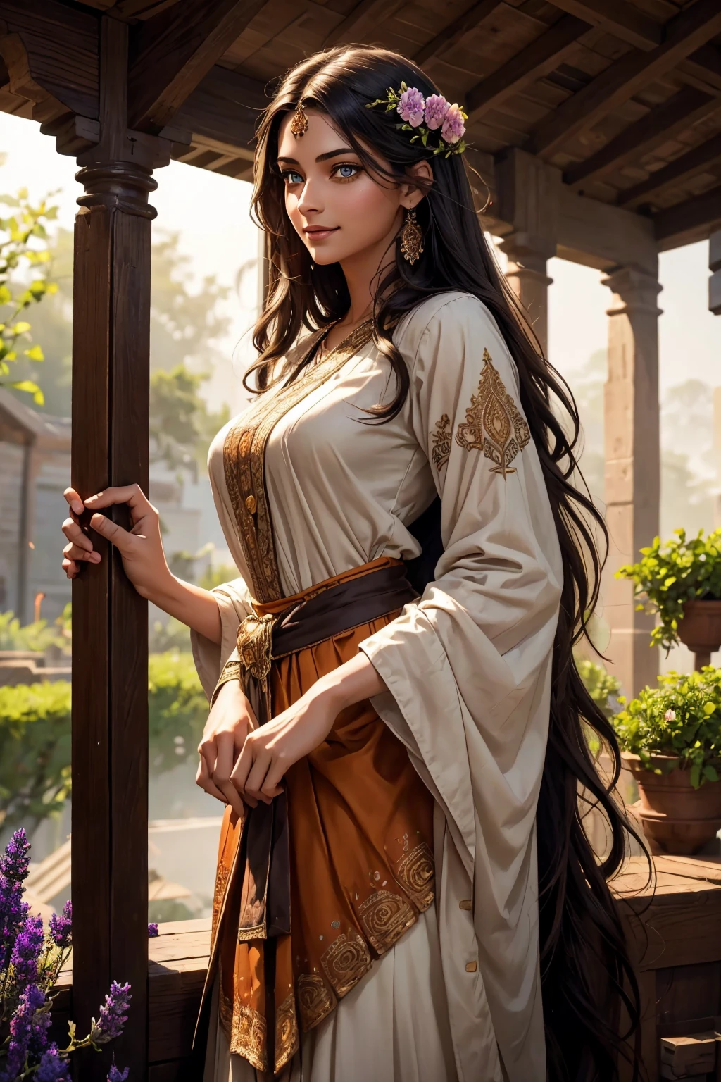 A stunning Indian beauty, with dark brown-black long wavy long hair, with mesmerizing feature with a Hopeful smiling expression, finely detailed eyes, happy mood masterpiece, top quality, best quality, official art, beautiful and aesthetic:1.2), (1girl), extreme detailed,(fractal art:1.3), colorful, highest detailed, (masterpiece, best quality:1.3) 1 bright-green-eyed woman, professional digital painting, Unreal Engine 5. In a 1920 setting, holding lavender flowers at a Lavender flower farm, wearing 1930 style clothing, South-Indian woman, olive-skinned woman, masterpiece, top quality, best quality, official art, beautiful and aesthetic:1.2), (1girl), extreme detailed,(fractal art:1.3), colorful, highest detailed, (masterpiece, best quality:1.3) 1 green-eyed woman, professional digital painting, Unreal Engine 5. Wearing embroidered linen blouse, Wearing long pleated skirt, Wearing Moleskin Field Jacket. Long hair, hopeful expression, finely detailed eyes, smiling, epic scene, epic composition, Cinematic Lighting, Volumetric Lighting, ethereal light, intricate details, extremely detailed volumetric rays. Green Eyes. [Beautiful girl, linen shirt and pants, oil painting, Detailed facial features, Sunlight, bright colors, dramatic lighting, expressive eyes and lips, High Resolution, 4K quality, Photorealistic] 1920 clothing, 1930 clothing,

