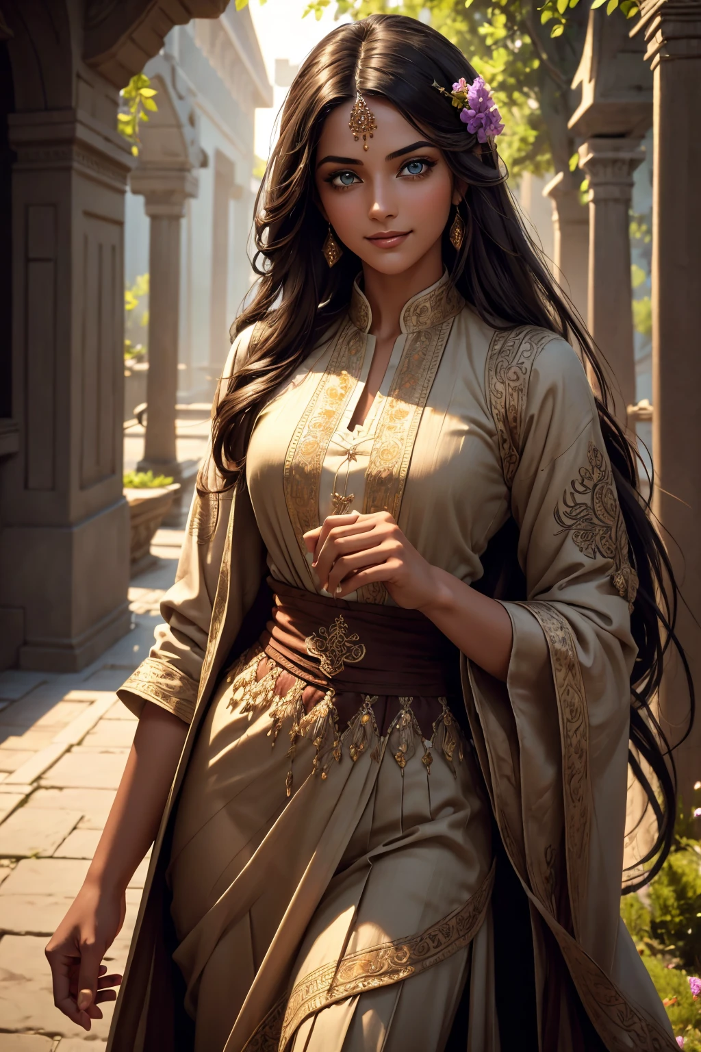 A stunning Indian beauty, with dark brown-black long wavy long hair, with mesmerizing feature with a Hopeful smiling expression, finely detailed eyes, happy mood masterpiece, top quality, best quality, official art, beautiful and aesthetic:1.2), (1girl), extreme detailed,(fractal art:1.3), colorful, highest detailed, (masterpiece, best quality:1.3) 1 bright-green-eyed woman, professional digital painting, Unreal Engine 5. In a 1920 setting, holding lavender flowers at a Lavender flower farm, wearing 1930 style clothing, South-Indian woman, olive-skinned woman, masterpiece, top quality, best quality, official art, beautiful and aesthetic:1.2), (1girl), extreme detailed,(fractal art:1.3), colorful, highest detailed, (masterpiece, best quality:1.3) 1 green-eyed woman, professional digital painting, Unreal Engine 5. Wearing embroidered linen blouse, Wearing long pleated skirt, Wearing Moleskin Field Jacket. Long hair, hopeful expression, finely detailed eyes, smiling, epic scene, epic composition, Cinematic Lighting, Volumetric Lighting, ethereal light, intricate details, extremely detailed volumetric rays. Green Eyes. [Beautiful girl, linen shirt and pants, oil painting, Detailed facial features, Sunlight, bright colors, dramatic lighting, expressive eyes and lips, High Resolution, 4K quality, Photorealistic] 1920 clothing, 1930 clothing, red, orange, yellow, blue, purple, pink,
