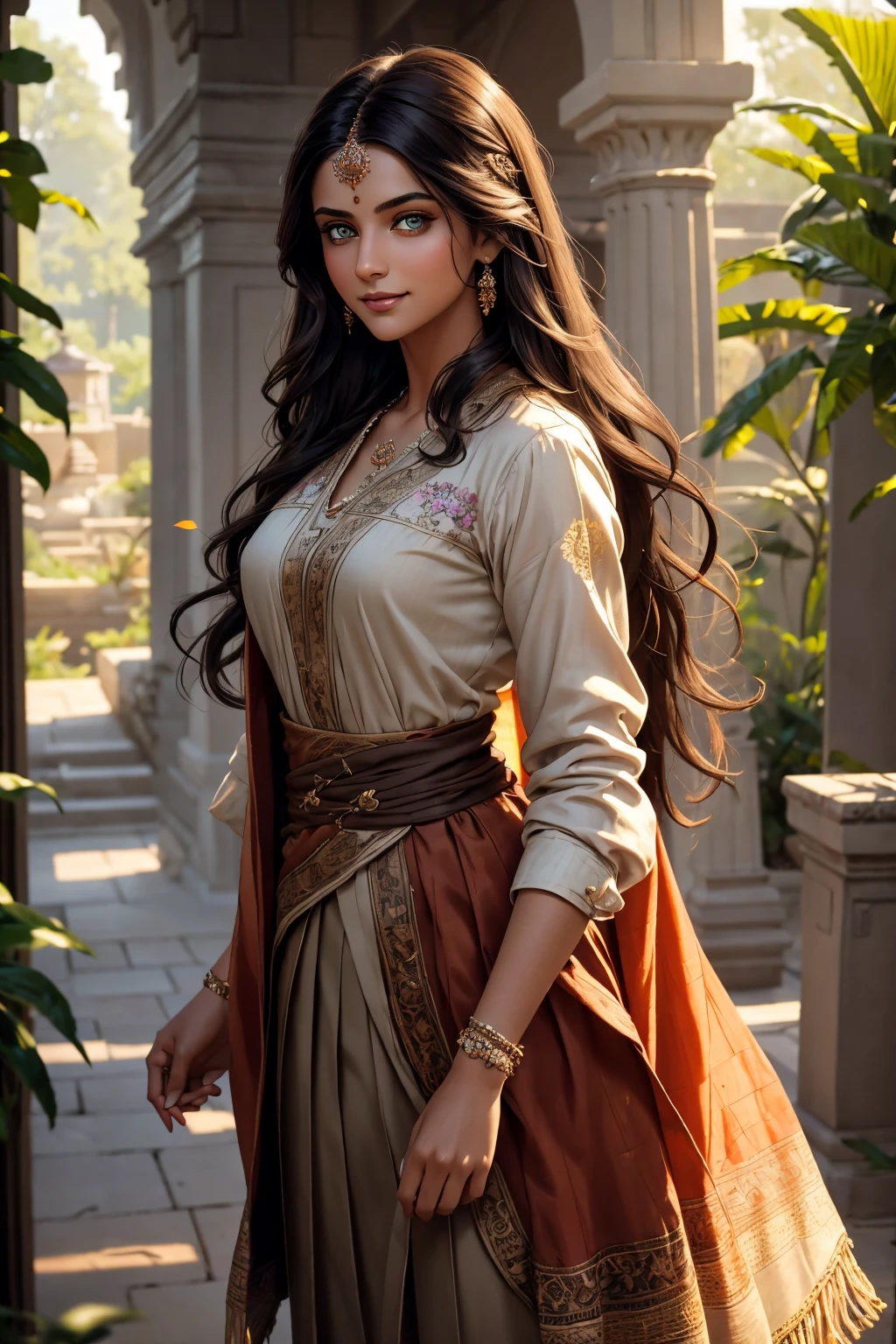 A stunning Indian beauty, with dark brown-black long wavy long hair, with mesmerizing feature with a Hopeful smiling expression, finely detailed eyes, happy mood masterpiece, top quality, best quality, official art, beautiful and aesthetic:1.2), (1girl), extreme detailed,(fractal art:1.3), colorful, highest detailed, (masterpiece, best quality:1.3) 1 bright-green-eyed woman, professional digital painting, Unreal Engine 5. In a 1920 setting, holding lavender flowers at a Lavender flower farm, wearing 1930 style clothing, South-Indian woman, olive-skinned woman, masterpiece, top quality, best quality, official art, beautiful and aesthetic:1.2), (1girl), extreme detailed,(fractal art:1.3), colorful, highest detailed, (masterpiece, best quality:1.3) 1 green-eyed woman, professional digital painting, Unreal Engine 5. Wearing embroidered linen blouse, Wearing long pleated skirt, Wearing Moleskin Field Jacket. Long hair, hopeful expression, finely detailed eyes, smiling, epic scene, epic composition, Cinematic Lighting, Volumetric Lighting, ethereal light, intricate details, extremely detailed volumetric rays. Green Eyes. [Beautiful girl, linen shirt and pants, oil painting, Detailed facial features, Sunlight, bright colors, dramatic lighting, expressive eyes and lips, High Resolution, 4K quality, Photorealistic] 1920 clothing, 1930 clothing, red, orange, yellow, blue, purple, pink,
