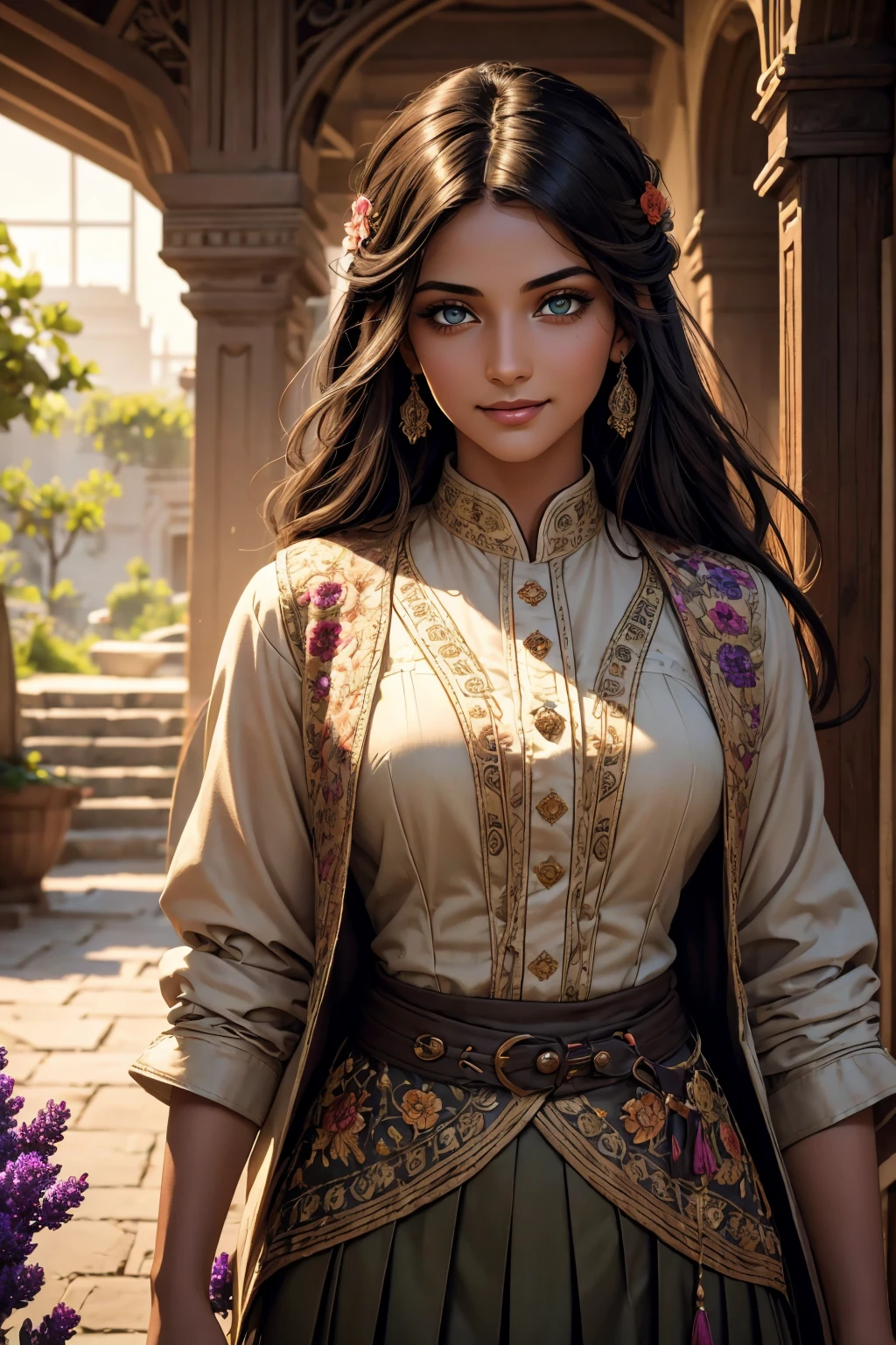 A stunning Indian beauty, with dark brown-black long wavy long hair, with mesmerizing feature with a Hopeful smiling expression, finely detailed eyes, happy mood masterpiece, top quality, best quality, official art, beautiful and aesthetic:1.2), (1girl), extreme detailed,(fractal art:1.3), colorful, highest detailed, (masterpiece, best quality:1.3) 1 bright-green-eyed woman, professional digital painting, Unreal Engine 5. In a 1920 setting, holding lavender flowers at a Lavender flower farm, wearing 1930 style clothing, South-Indian woman, olive-skinned woman, masterpiece, top quality, best quality, official art, beautiful and aesthetic:1.2), (1girl), extreme detailed,(fractal art:1.3), colorful, highest detailed, (masterpiece, best quality:1.3) 1 green-eyed woman, professional digital painting, Unreal Engine 5. Wearing embroidered linen blouse, Wearing long pleated skirt, Wearing Moleskin Field Jacket. Long hair, hopeful expression, finely detailed eyes, smiling, epic scene, epic composition, Cinematic Lighting, Volumetric Lighting, ethereal light, intricate details, extremely detailed volumetric rays. Green Eyes. [Beautiful girl, linen shirt and pants, oil painting, Detailed facial features, Sunlight, bright colors, dramatic lighting, expressive eyes and lips, High Resolution, 4K quality, Photorealistic] 1920 clothing, 1930 clothing, red, orange, yellow, blue, purple, pink,
