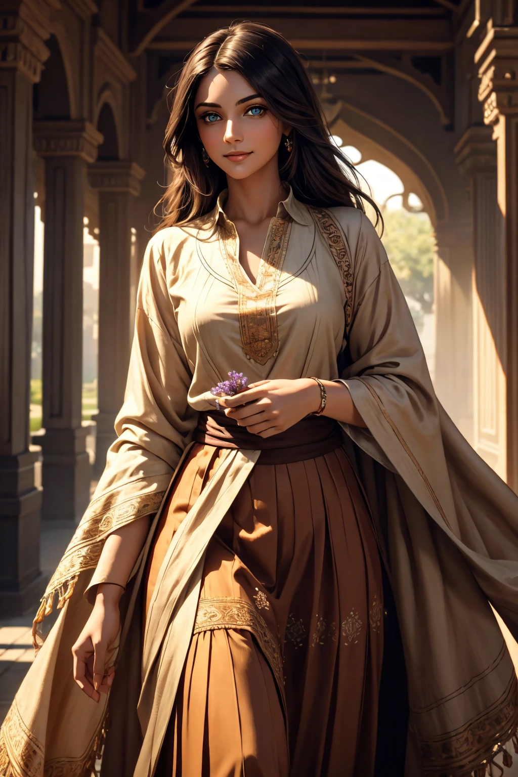 A stunning Indian beauty, with dark brown-black long wavy long hair, with mesmerizing feature with a Hopeful smiling expression, finely detailed eyes, happy mood masterpiece, top quality, best quality, official art, beautiful and aesthetic:1.2), (1girl), extreme detailed,(fractal art:1.3), colorful, highest detailed, (masterpiece, best quality:1.3) 1 bright-green-eyed woman, professional digital painting, Unreal Engine 5. In a 1920 setting, holding lavender flowers at a Lavender flower farm, wearing 1930 style clothing, South-Indian woman, olive-skinned woman, masterpiece, top quality, best quality, official art, beautiful and aesthetic:1.2), (1girl), extreme detailed,(fractal art:1.3), colorful, highest detailed, (masterpiece, best quality:1.3) 1 green-eyed woman, professional digital painting, Unreal Engine 5. Wearing embroidered linen blouse, Wearing long pleated skirt, Wearing Moleskin Field Jacket. Long hair, hopeful expression, finely detailed eyes, smiling, epic scene, epic composition, Cinematic Lighting, Volumetric Lighting, ethereal light, intricate details, extremely detailed volumetric rays. Green Eyes. [Beautiful girl, linen shirt and pants, oil painting, Detailed facial features, Sunlight, bright colors, dramatic lighting, expressive eyes and lips, High Resolution, 4K quality, Photorealistic] 1920 clothing, 1930 clothing, red, orange, yellow, blue, purple, pink,
