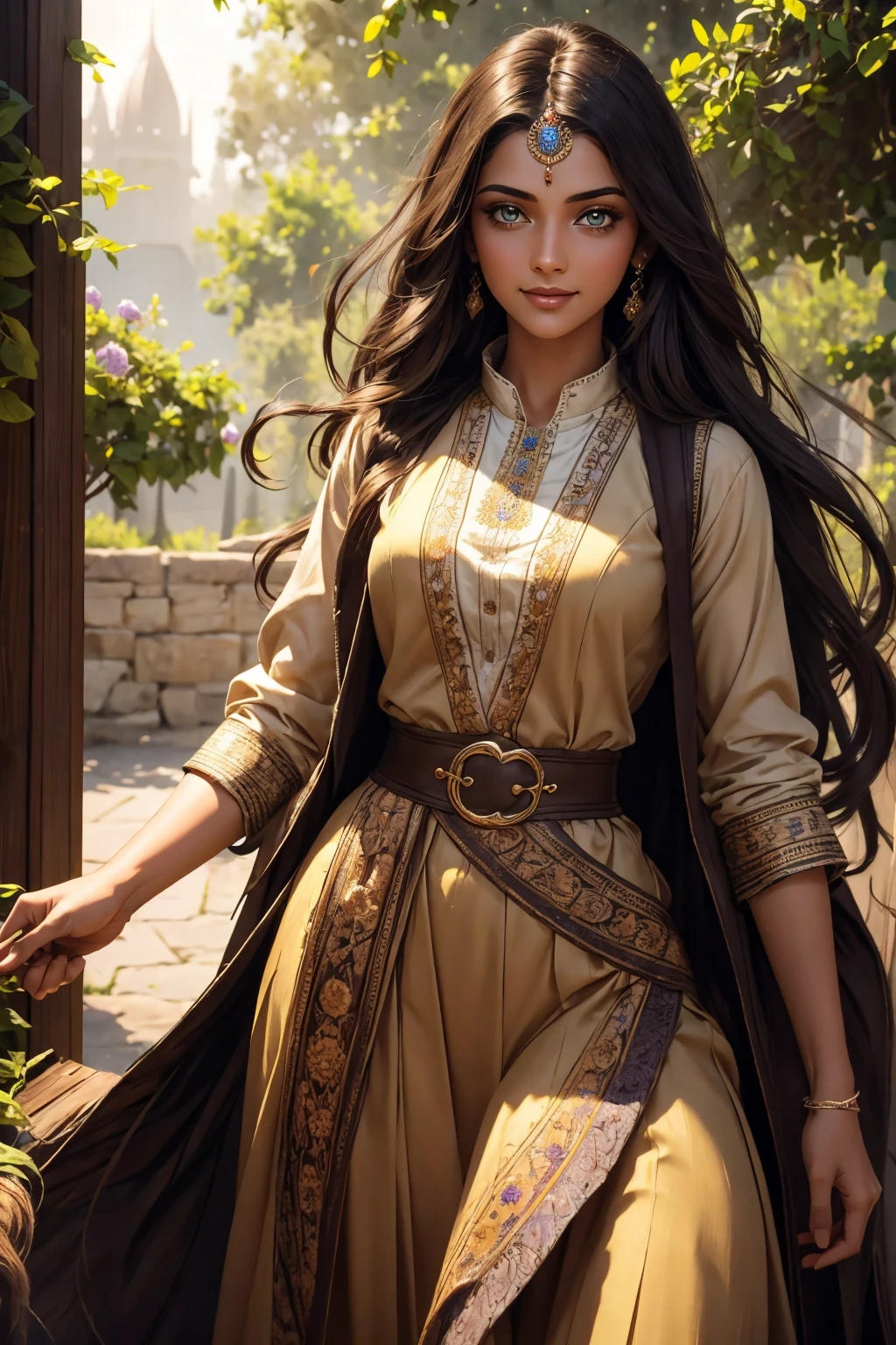 A stunning Indian beauty, with dark brown-black long wavy long hair, with mesmerizing feature with a Hopeful smiling expression, finely detailed eyes, happy mood masterpiece, top quality, best quality, official art, beautiful and aesthetic:1.2), (1girl), extreme detailed,(fractal art:1.3), colorful, highest detailed, (masterpiece, best quality:1.3) 1 bright-green-eyed woman, professional digital painting, Unreal Engine 5. In a 1920 setting, holding lavender flowers at a Lavender flower farm, wearing 1930 style clothing, South-Indian woman, olive-skinned woman, masterpiece, top quality, best quality, official art, beautiful and aesthetic:1.2), (1girl), extreme detailed,(fractal art:1.3), colorful, highest detailed, (masterpiece, best quality:1.3) 1 green-eyed woman, professional digital painting, Unreal Engine 5. Wearing embroidered linen blouse, Wearing long pleated skirt, Wearing Moleskin Field Jacket. Long hair, hopeful expression, finely detailed eyes, smiling, epic scene, epic composition, Cinematic Lighting, Volumetric Lighting, ethereal light, intricate details, extremely detailed volumetric rays. Green Eyes. [Beautiful girl, linen shirt and pants, oil painting, Detailed facial features, Sunlight, bright colors, dramatic lighting, expressive eyes and lips, High Resolution, 4K quality, Photorealistic] 1920 clothing, 1930 clothing, red, orange, yellow, blue, purple, pink,
