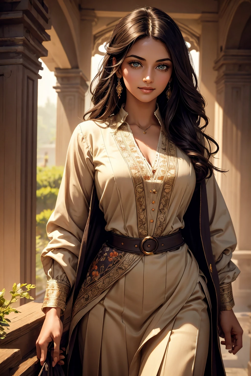 A stunning Indian beauty, with dark brown-black long wavy long hair, with mesmerizing feature with a Hopeful smiling expression, finely detailed eyes, happy mood masterpiece, top quality, best quality, official art, beautiful and aesthetic:1.2), (1girl), extreme detailed,(fractal art:1.3), colorful, highest detailed, (masterpiece, best quality:1.3) 1 bright-green-eyed woman, professional digital painting, Unreal Engine 5. In a 1920 setting, holding lavender flowers at a Lavender flower farm, wearing 1930 style clothing, South-Indian woman, olive-skinned woman, masterpiece, top quality, best quality, official art, beautiful and aesthetic:1.2), (1girl), extreme detailed,(fractal art:1.3), colorful, highest detailed, (masterpiece, best quality:1.3) 1 green-eyed woman, professional digital painting, Unreal Engine 5. Wearing embroidered linen blouse, Wearing long pleated skirt, Wearing Moleskin Field Jacket. Long hair, hopeful expression, finely detailed eyes, smiling, epic scene, epic composition, Cinematic Lighting, Volumetric Lighting, ethereal light, intricate details, extremely detailed volumetric rays. Green Eyes. [Beautiful girl, linen shirt and pants, oil painting, Detailed facial features, Sunlight, bright colors, dramatic lighting, expressive eyes and lips, High Resolution, 4K quality, Photorealistic] 1920 clothing, 1930 clothing, red, orange, yellow, blue, purple, pink,
