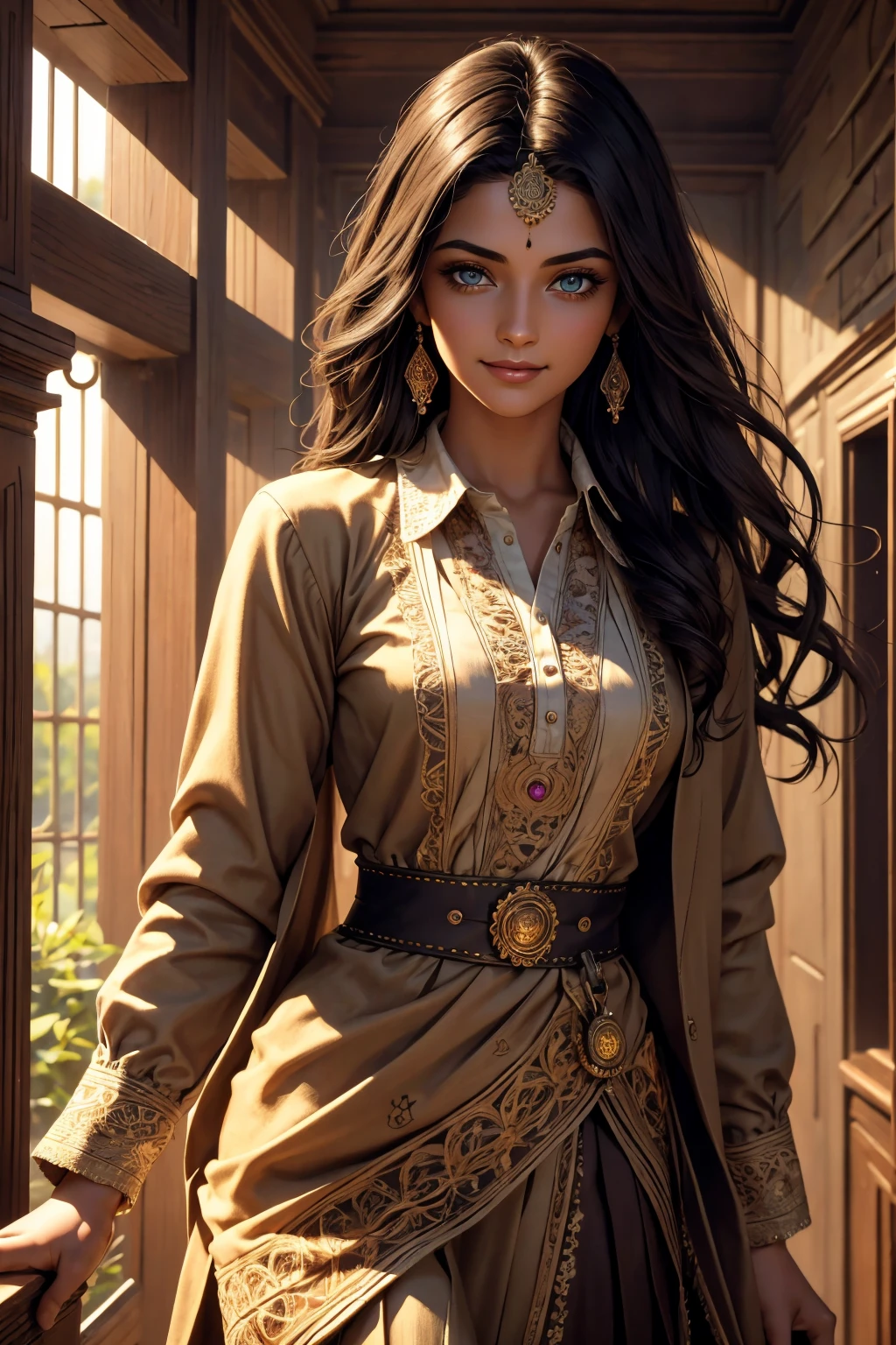 A stunning Indian beauty, with dark brown-black long wavy long hair, with mesmerizing feature with a Hopeful smiling expression, finely detailed eyes, happy mood masterpiece, top quality, best quality, official art, beautiful and aesthetic:1.2), (1girl), extreme detailed,(fractal art:1.3), colorful, highest detailed, (masterpiece, best quality:1.3) 1 bright-green-eyed woman, professional digital painting, Unreal Engine 5. In a 1920 setting, holding lavender flowers at a Lavender flower farm, wearing 1930 style clothing, South-Indian woman, olive-skinned woman, masterpiece, top quality, best quality, official art, beautiful and aesthetic:1.2), (1girl), extreme detailed,(fractal art:1.3), colorful, highest detailed, (masterpiece, best quality:1.3) 1 green-eyed woman, professional digital painting, Unreal Engine 5. Wearing embroidered linen blouse, Wearing long pleated skirt, Wearing Moleskin Field Jacket. Long hair, hopeful expression, finely detailed eyes, smiling, epic scene, epic composition, Cinematic Lighting, Volumetric Lighting, ethereal light, intricate details, extremely detailed volumetric rays. Green Eyes. [Beautiful girl, linen shirt and pants, oil painting, Detailed facial features, Sunlight, bright colors, dramatic lighting, expressive eyes and lips, High Resolution, 4K quality, Photorealistic] 1920 clothing, 1930 clothing, red, orange, yellow, blue, purple, pink,
