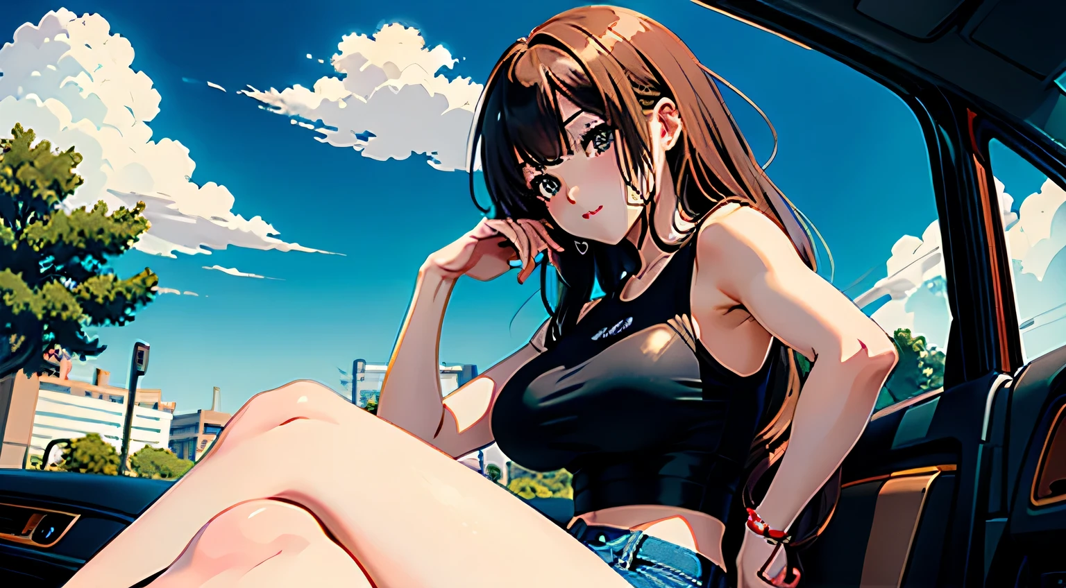 4K, A high resolution, Best quality at best, masterpiece, perfect colors, perfect shadow, perfect litthing, ((sportrait)), Anime girl sitting in car with hand on chin, Anime visuals of cute girls, Seductive Anime Girl, charming anime girls, anime styled, High quality anime art style, Beautiful anime girl, young anime girl, Anime Girl, Anime Girl with Long Hair, tight crop top, big breast, half breast open, background is Tokyo city 80s, an anime girl, Cute anime girl