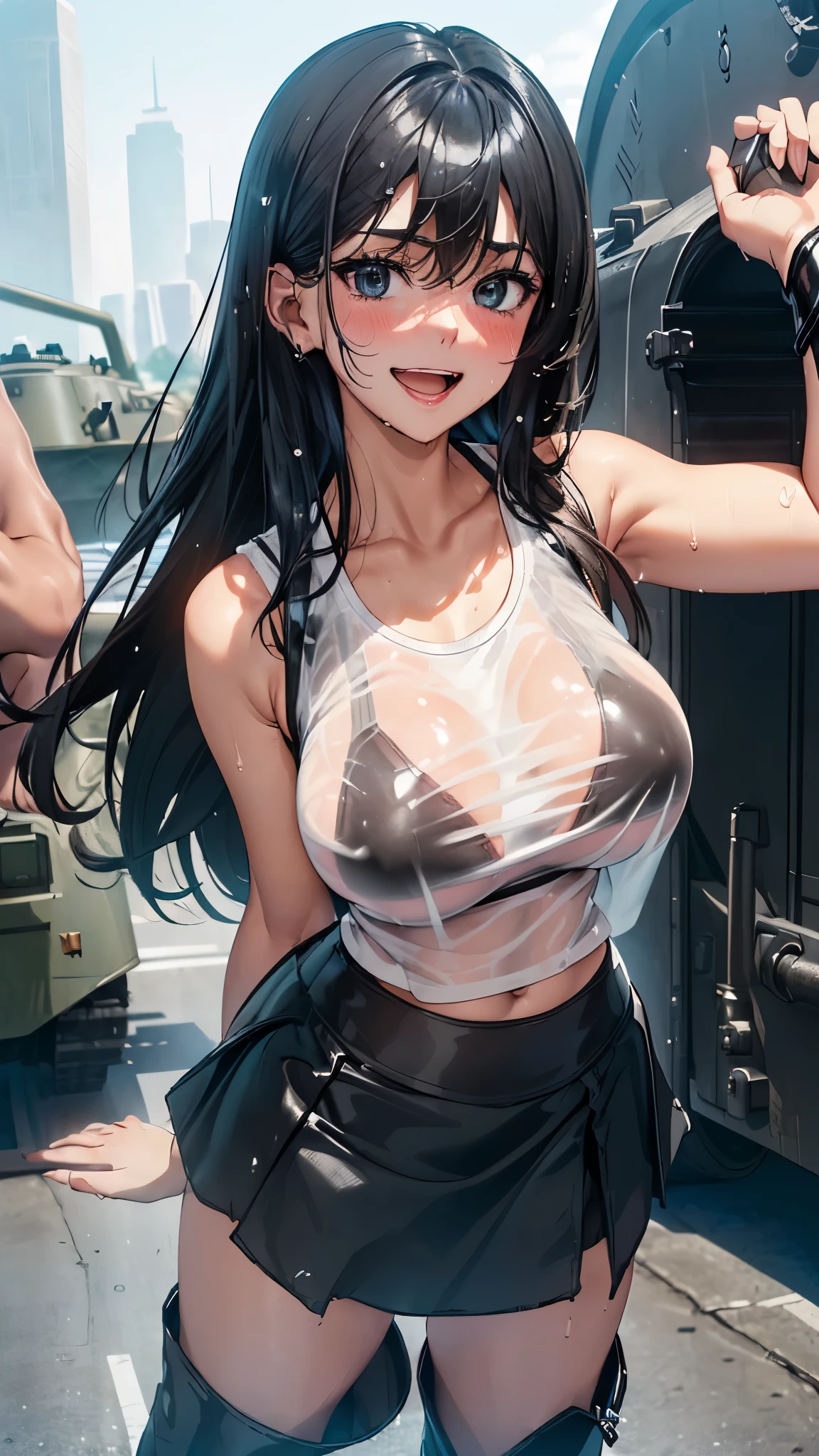 1 female,black hair,25 years old,(((blue shiny micro tight skirt)))((white tank top))(((blush、open mouth smile)),(((straight hair))),(((portrait))),crowd,,(wet with sweat)((sexy black bra and see-through tank top))(leather thigh high boots)(((big breasts)))