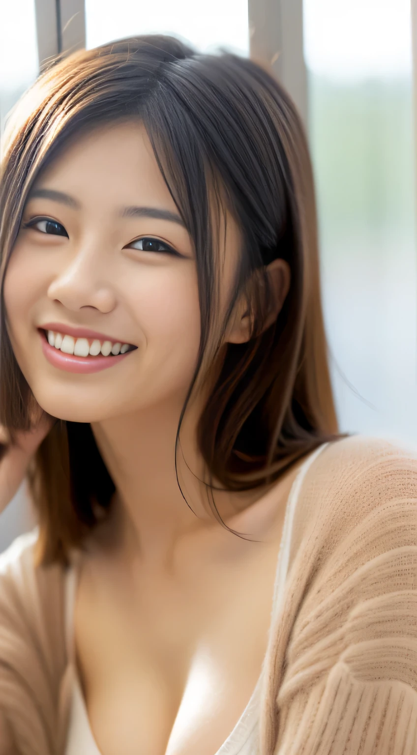 Japanese ),((beautiful girl)),cleavage,(studio),An expression that imagines something pleasant:1.2,(perfect body beauty:1.2),((perfect body)),(shy smile),beautiful teeth,
