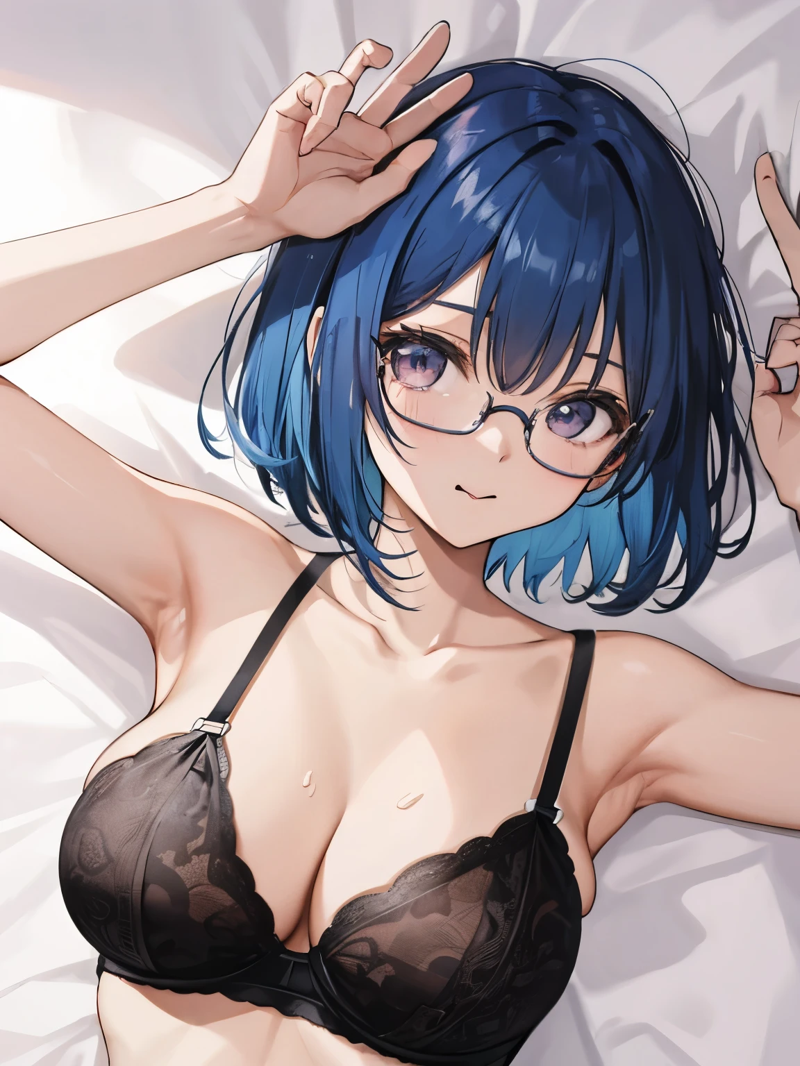 片手でglassesをずらす少女、1 girl、young girl、blue hair、short bob、Long bangs on the right side、Upper body、view from above、big breasts、show me your armpits、Armpit、stick out tongue、glasses、sports bra、There's on it