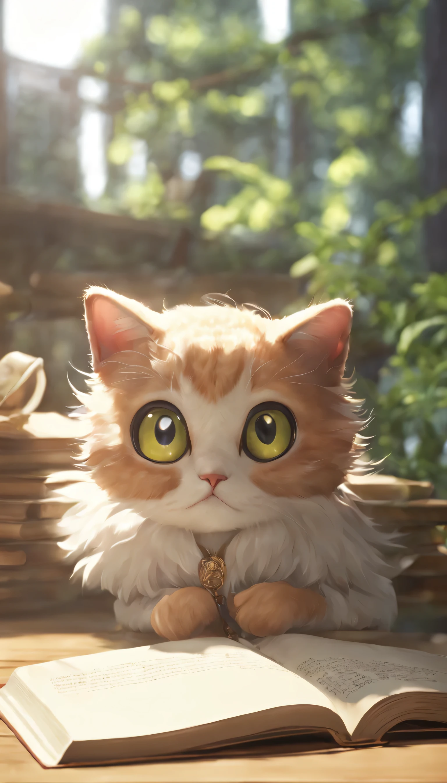 (Highly detailed CG Unity 8k wallpaper、masterpiece、highest quality、Super detailed)、(best lighting、best shadow、very delicate and beautiful)、highest quality、8k、Detailed facial depiction、masterpiece、highest quality、clear image quality、
Picture of an anime-style cat reading a book。