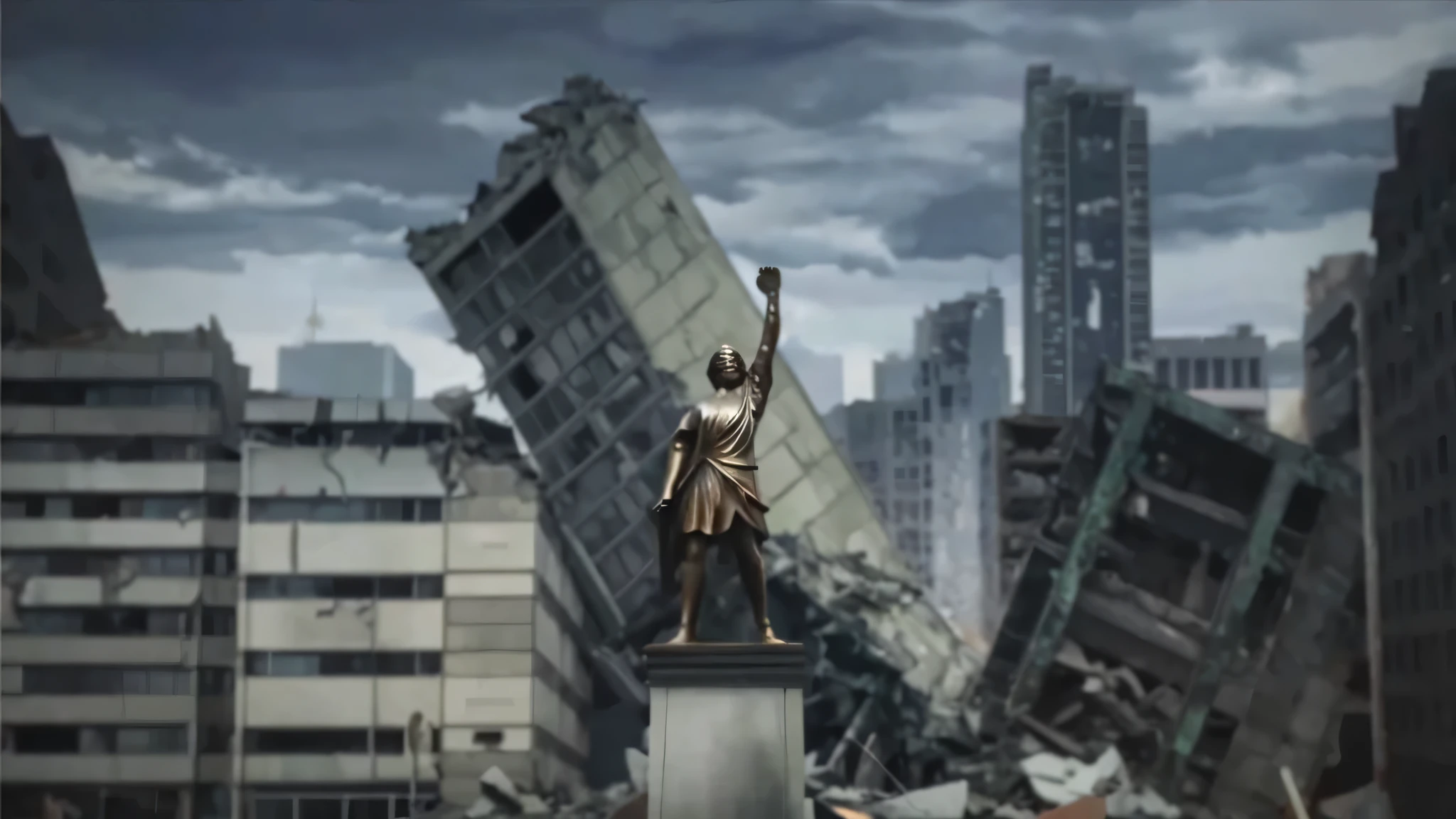 crumbling buildings, bronze statue fist raised, damaged building leaning