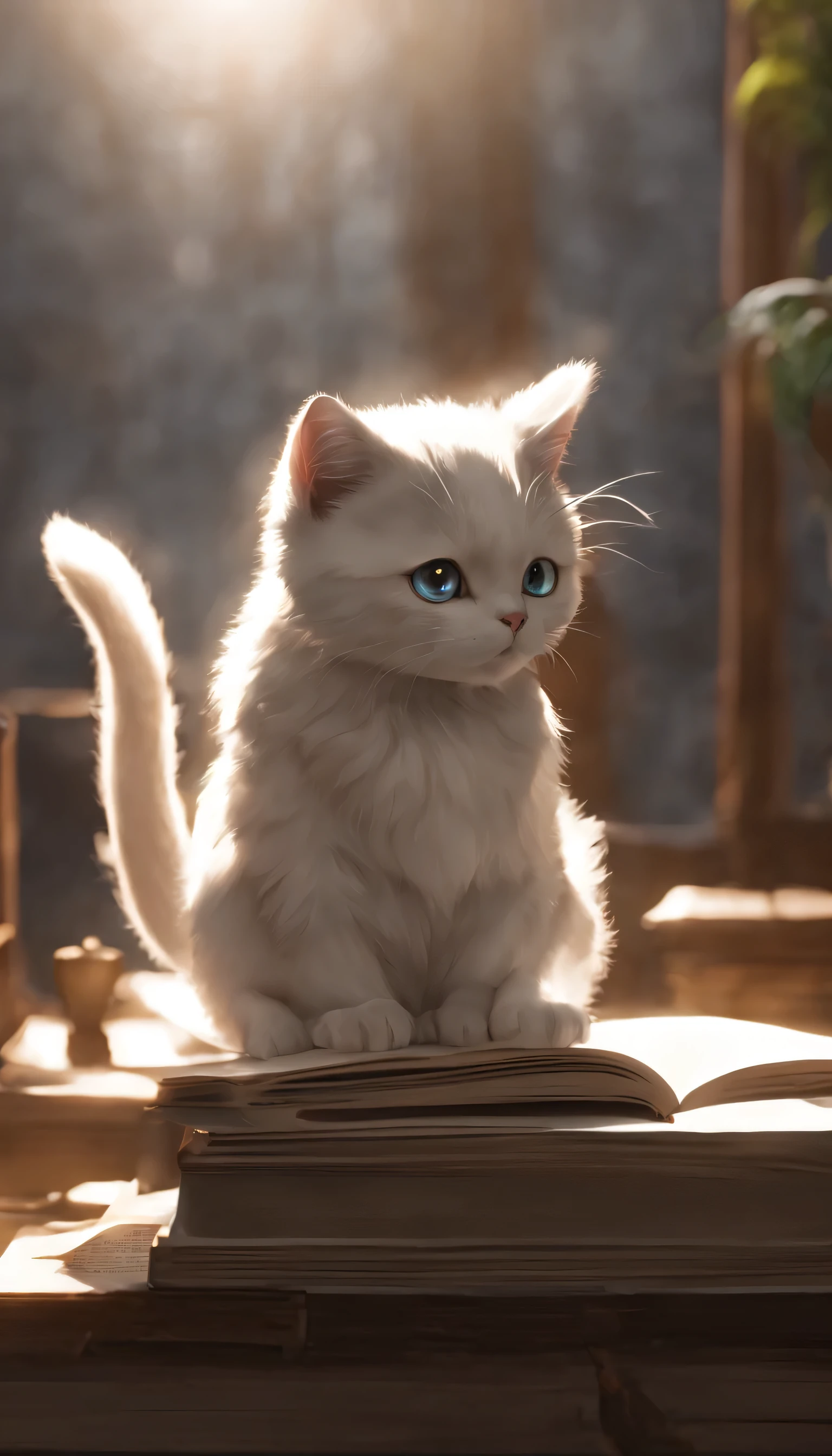 (Highly detailed CG Unity 8k wallpaper、masterpiece、highest quality、Super detailed)、(best lighting、best shadow、very delicate and beautiful)、highest quality、8k、Detailed facial depiction、masterpiece、highest quality、clear image quality、
Picture of an anime-style cat reading a book。