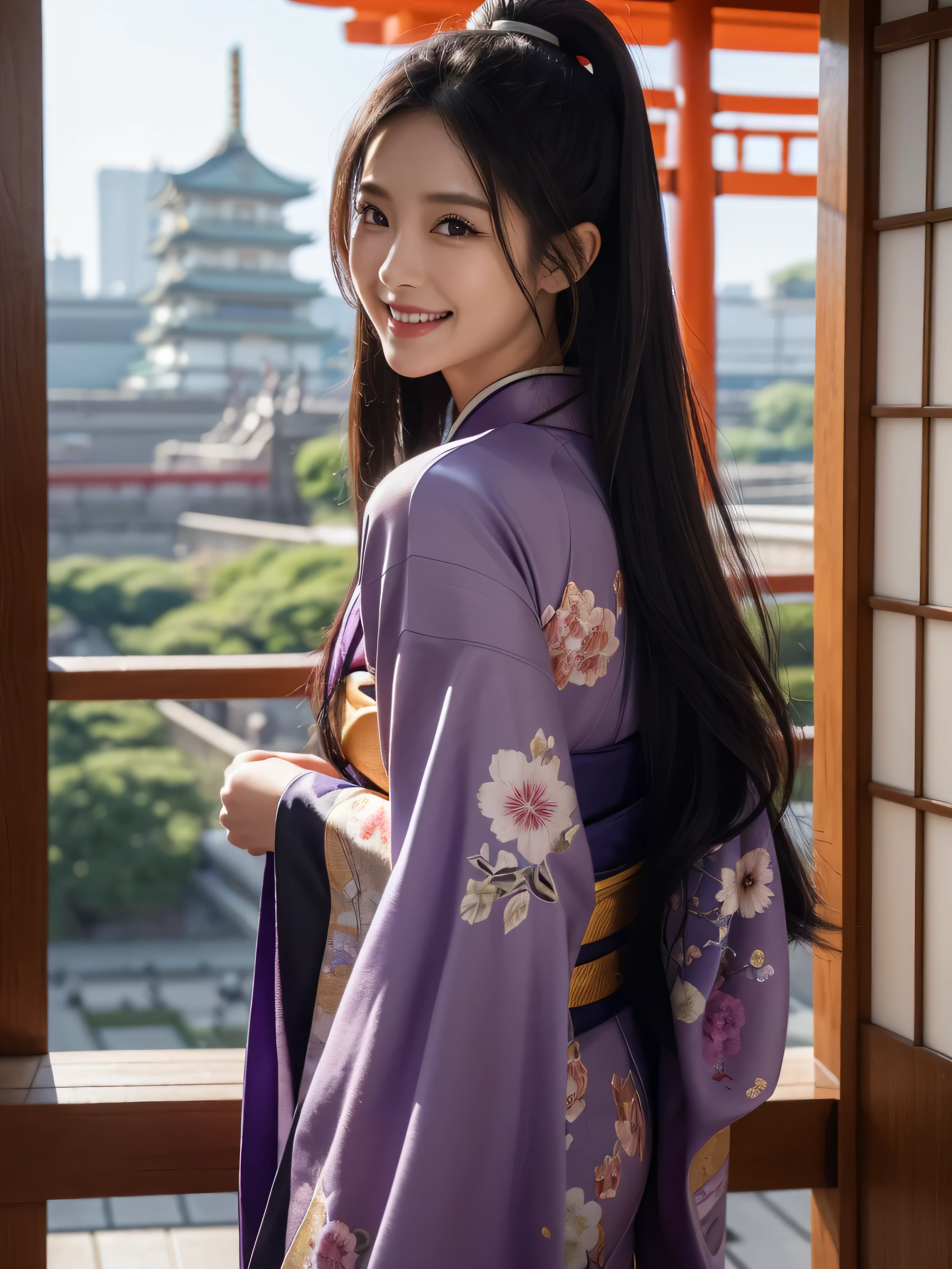 best qualtiy、Osaka castle, ​masterpiece、photoRealstic、intricate-detail、Raw foto、Photon Rendering、Octane Rendering、absurderes、ultra-detailliert、A detailed face、Detailed skin、Trending in art stations、8K Masterpiece、lighting like a movie、( (1girl in))、((solo) ))、CG Social Trends、Plastic En、((Black Long Hair))、((Beautuful Women))、(A smile)、Upper teeth、Fashionable、Hair that flutters in the wind、((Flowing hair))、fashion magazine, ((lighting like a movie)、((indirect lighting), Grinning、(View from a distance)、((Festival of Japan))、Dark purple kimono、Hair is up、Osaka castle in the background.