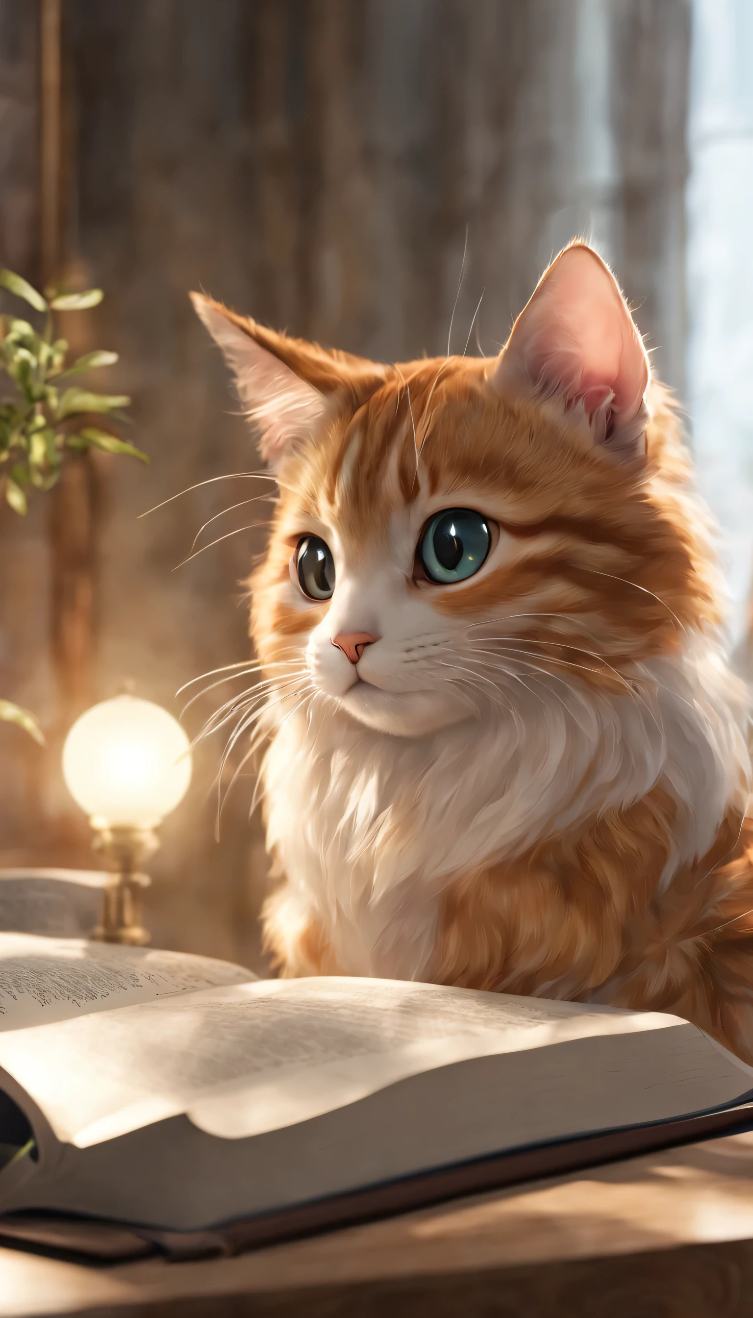 (Highly detailed CG Unity 8k wallpaper、masterpiece、highest quality、Super detailed)、(best lighting、best shadow、very delicate and beautiful)、highest quality、8k、Detailed facial depiction、masterpiece、highest quality、clear image quality、
Picture of an anime-style cat reading a book。