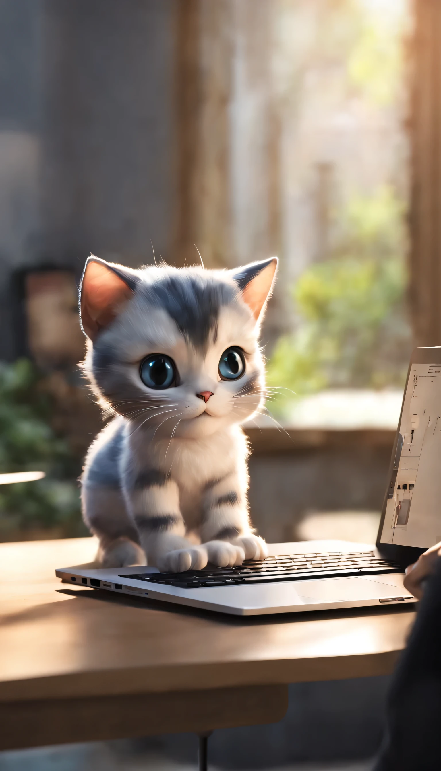 (Highly detailed CG Unity 8k wallpaper、masterpiece、highest quality、Super detailed)、(best lighting、best shadow、very delicate and beautiful)、highest quality、8k、Detailed facial depiction、masterpiece、highest quality、clear image quality、
Cartoon style cat is working on a laptop。