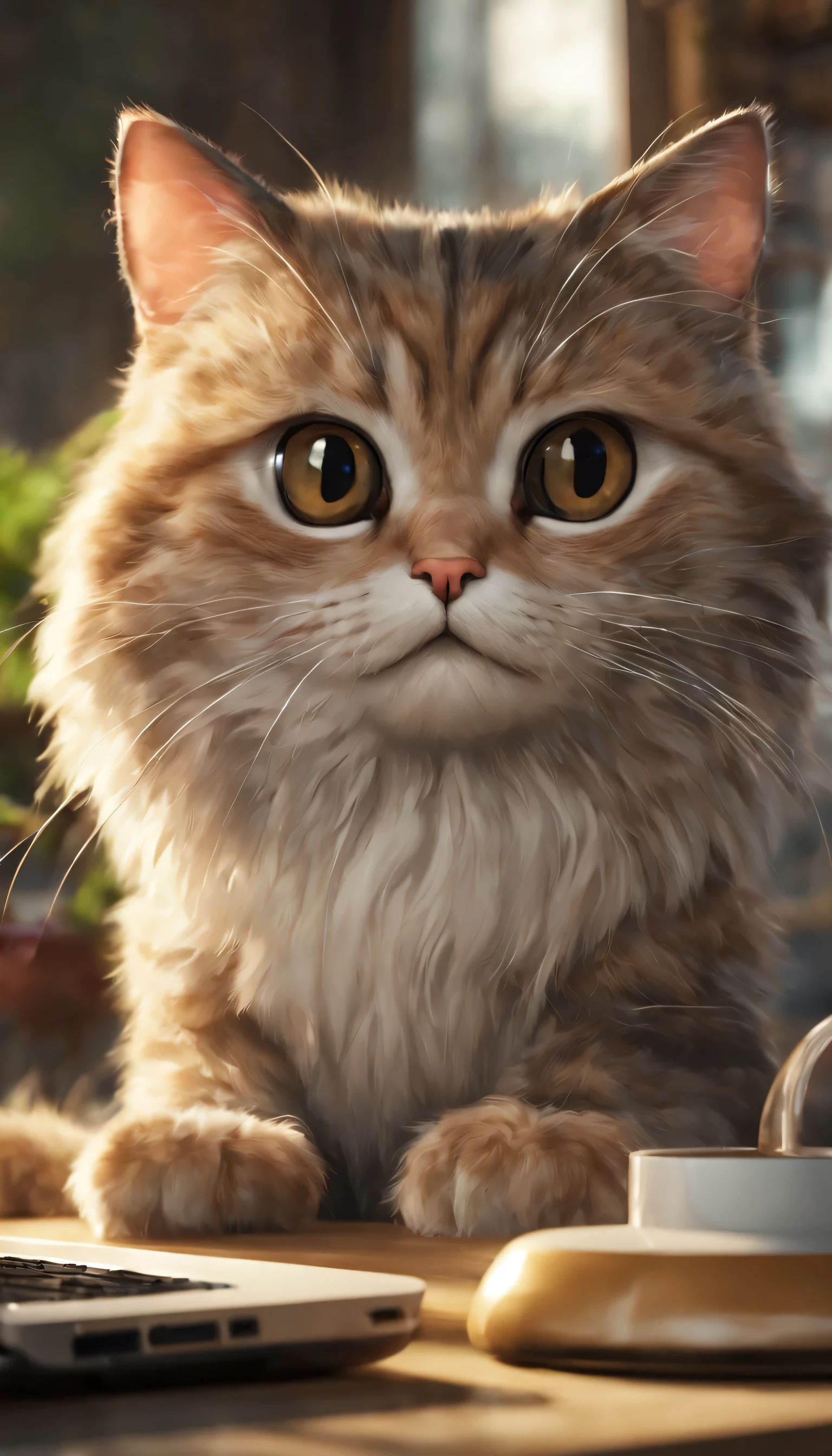 (Highly detailed CG Unity 8k wallpaper、masterpiece、highest quality、Super detailed)、(best lighting、best shadow、very delicate and beautiful)、highest quality、8k、Detailed facial depiction、masterpiece、highest quality、clear image quality、
Cartoon style cat is working on a laptop。