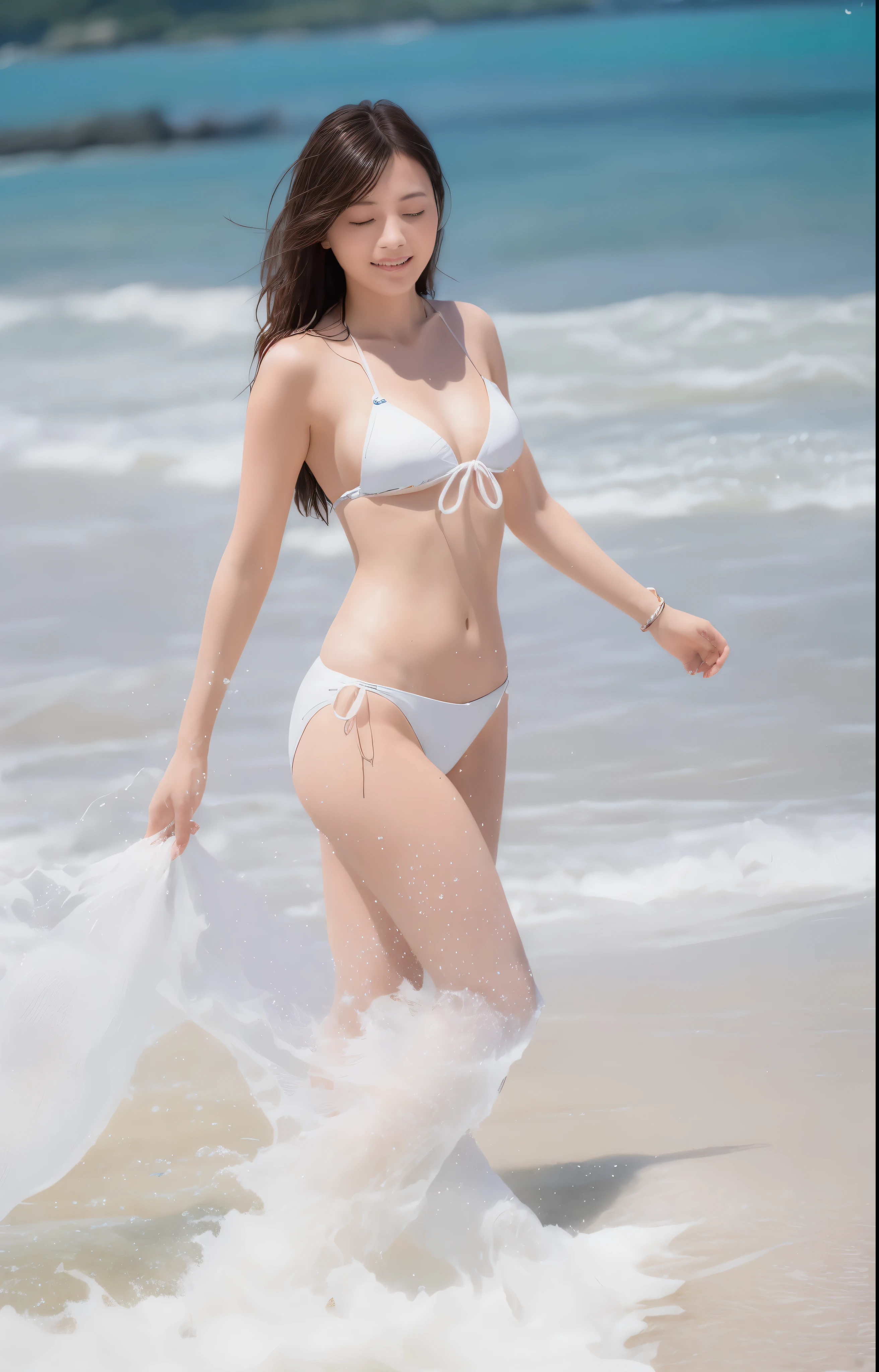 This captivating image showcases a young woman gracefully walking in the water, enveloped in a serene outdoor setting. She is donned in swimwear that elegantly accentuates her figure, highlighting the garment's intricate design and the finesse of its fabric. The swimwear ensemble, possibly a bikini, combines both aesthetic appeal and comfort, perfect for a leisurely stroll along the water's edge. The dominant white tones of the garment and the background suggest a harmonious blend with the natural surroundings, creating a tranquil and inviting atmosphere. The woman's confident stride and the water caressing her legs evoke a sense of freedom and connection with nature. Her youthful visage, framed by the natural light, radiates with a soft glow, capturing the essence of summer and the joy of vacationing by the water. The scene is further enriched by the subtle details of her attire, which might include elements typical of both swimwear and lingerie, suggesting versatility in design and purpose. The image's composition masterfully captures the essence of a summer day by the water - the warmth of the sun, the gentle touch of the waves, and the carefree spirit of the subject. It is a celebration of youth, beauty, and the simple pleasures of life, encapsulated in a moment of serene connection with the natural world. This photograph could serve as a perfect visual narrative for themes related to fashion, lifestyle, and the beauty of human interaction with nature