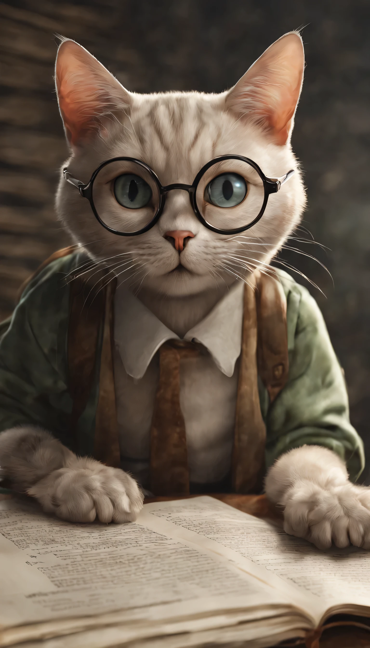 (Highly detailed CG Unity 8k wallpaper、masterpiece、highest quality、Super detailed)、(best lighting、best shadow、very delicate and beautiful)、highest quality、8k、Detailed facial depiction、masterpiece、highest quality、clear image quality、
Anime style cat wearing glasses and reading a newspaper。