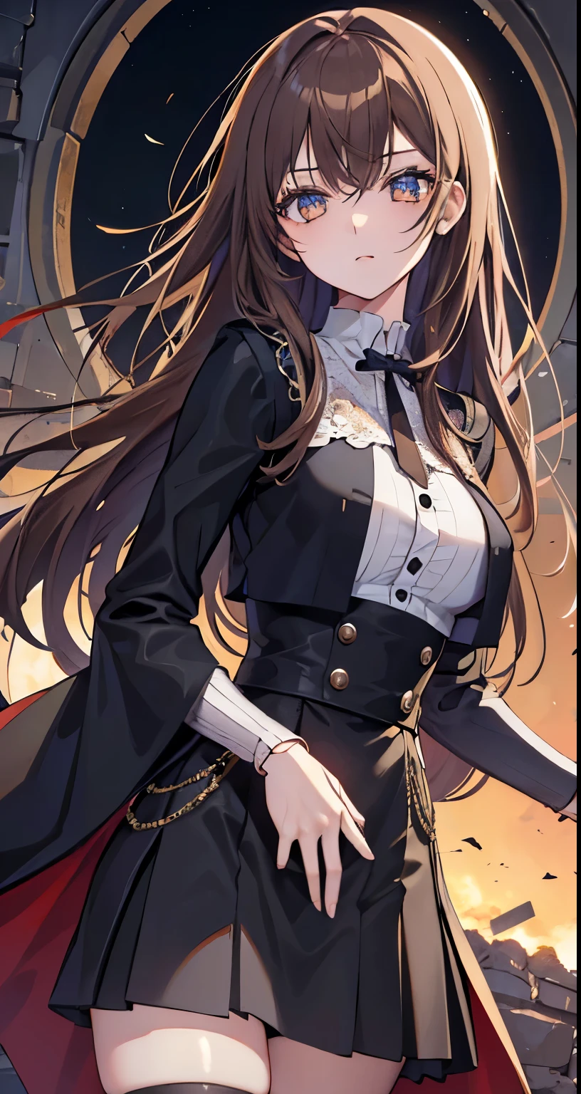 ((Beautiful Beautiful Girl)),(glay eyes), 1  and slender woman, degree々big breasts, ((brown beige hair)),((Medium long Hair)),In 8K, top quality, (highly detailed head: 1.0), (very detailed face: 1.0), (highly detailed hair: 1.0),((sheer black traveler&#39;s costume)), Detailed official artwork, clean detailed anime art,((Doll joints)),((ruins))