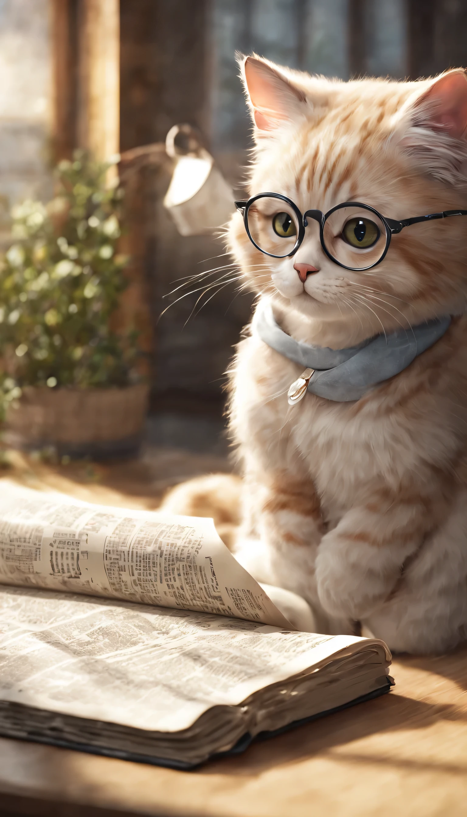(Highly detailed CG Unity 8k wallpaper、masterpiece、highest quality、Super detailed)、(best lighting、best shadow、very delicate and beautiful)、highest quality、8k、Detailed facial depiction、masterpiece、highest quality、clear image quality、
Anime style cat wearing glasses and reading a newspaper。