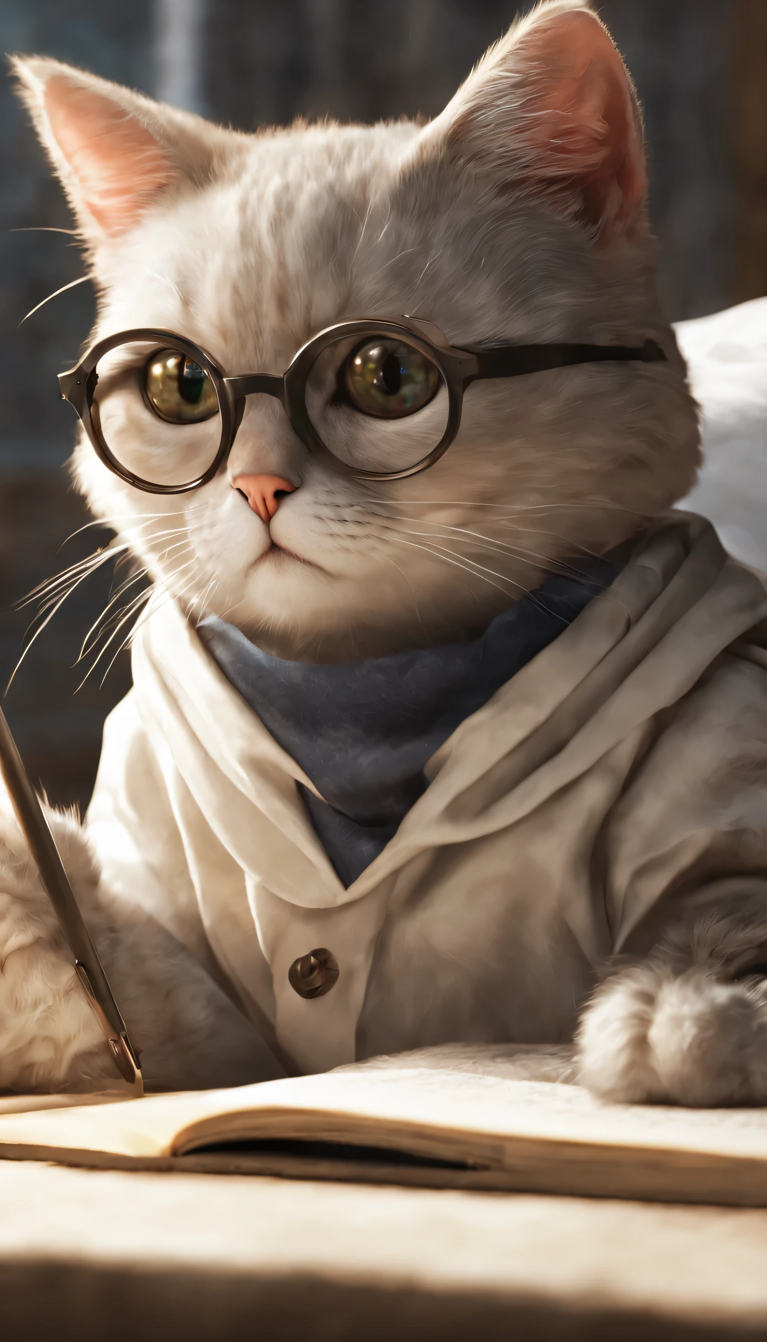 (Highly detailed CG Unity 8k wallpaper、masterpiece、highest quality、Super detailed)、(best lighting、best shadow、very delicate and beautiful)、highest quality、8k、Detailed facial depiction、masterpiece、highest quality、clear image quality、
Anime style cat wearing glasses and reading a newspaper。