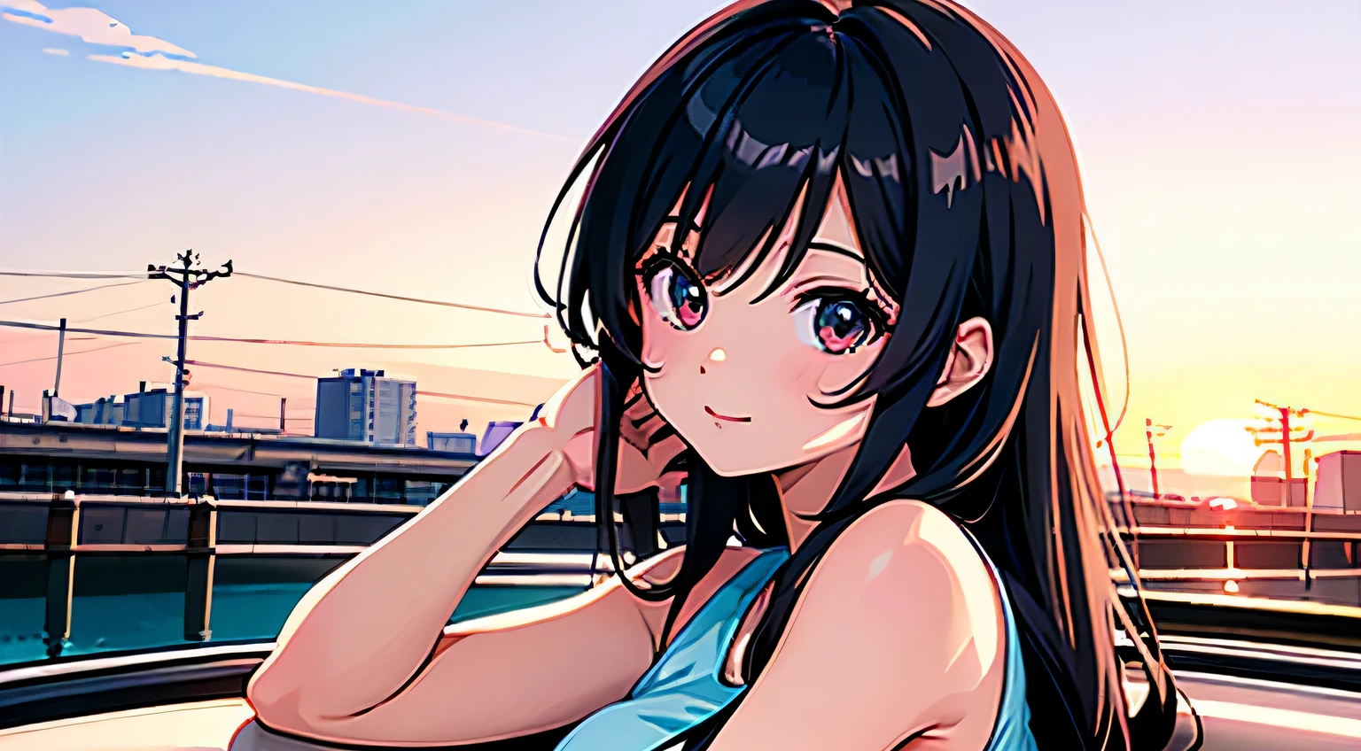 Anime girl sitting in car with hand on chin, Anime visuals of cute girls, Seductive Anime Girl, charming anime girls, anime styled, High quality anime art style, Beautiful anime girl, young anime girl, Anime Girl, Anime Girl with Long Hair, tight crop top, medium breast, background is Tokyo city 80s, an anime girl, Cute anime girl