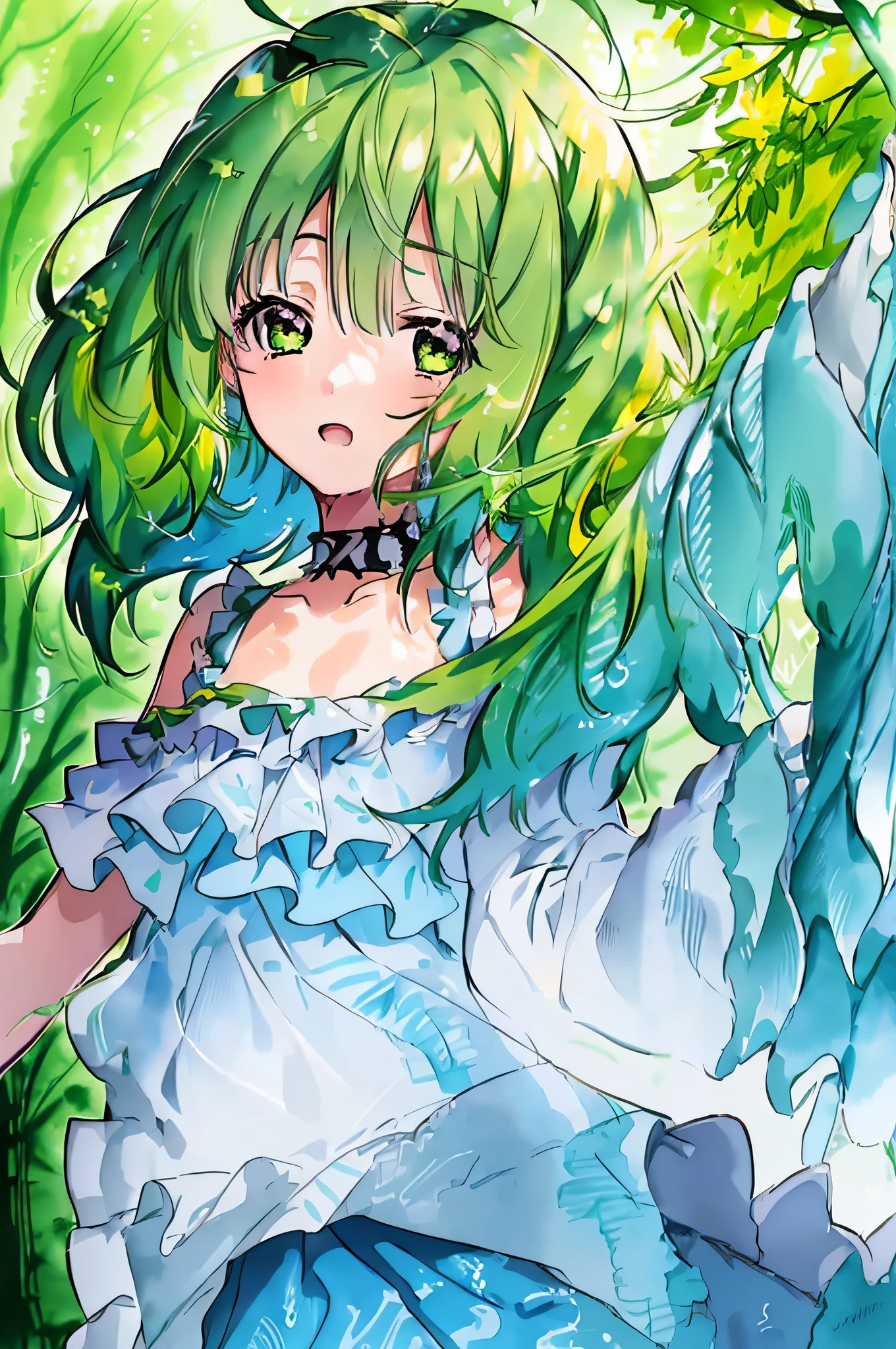 Anime girl with green hair and green eyes looking at the camera, Smooth anime CG art, anime styleの3D, anime style. 8k, Photorealistic anime girl rendering, Produced at Anime Artist Studio, cute realistic portrait, Realistic anime 3D style, detailed anime soft face, Cute 3d anime girl rendering, soft portrait, stylized anime, original,(enlightenment:1.1),(best image quality),(masterpiece:1.1),(Ultra High Definition CG Integrated 8K Wallpaper), (colorful:1.2) (ink splatter),(splash of color),((watercolor painting)), (urban background、Skyscraper)、clear and sharp focus、 color water、