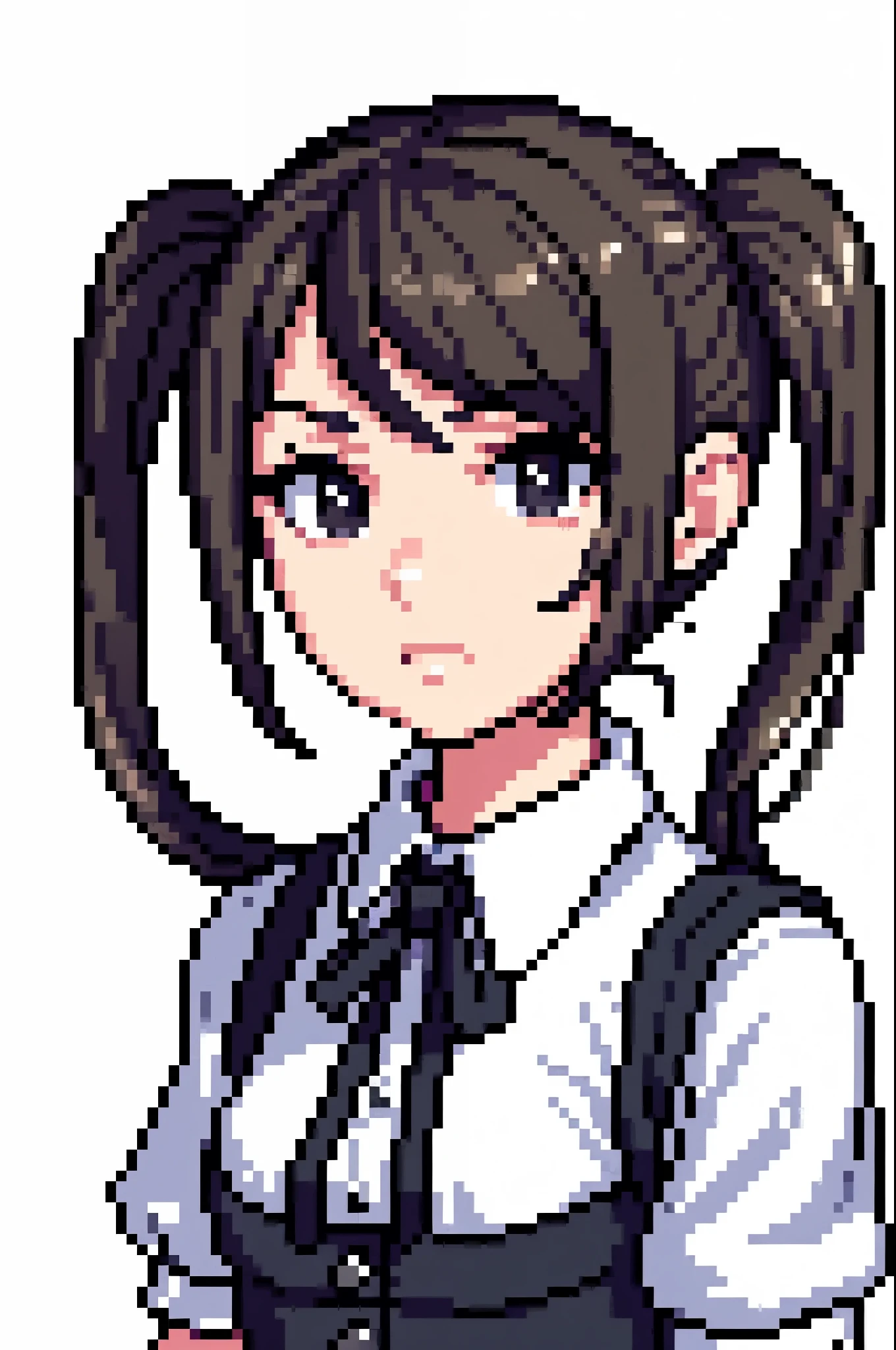 masterpiece, best quality, extremely detailed, pixel art, hyperrealistic, photorealistic, white background, a pretty girl, maid, twintails, black eyes, disdainful