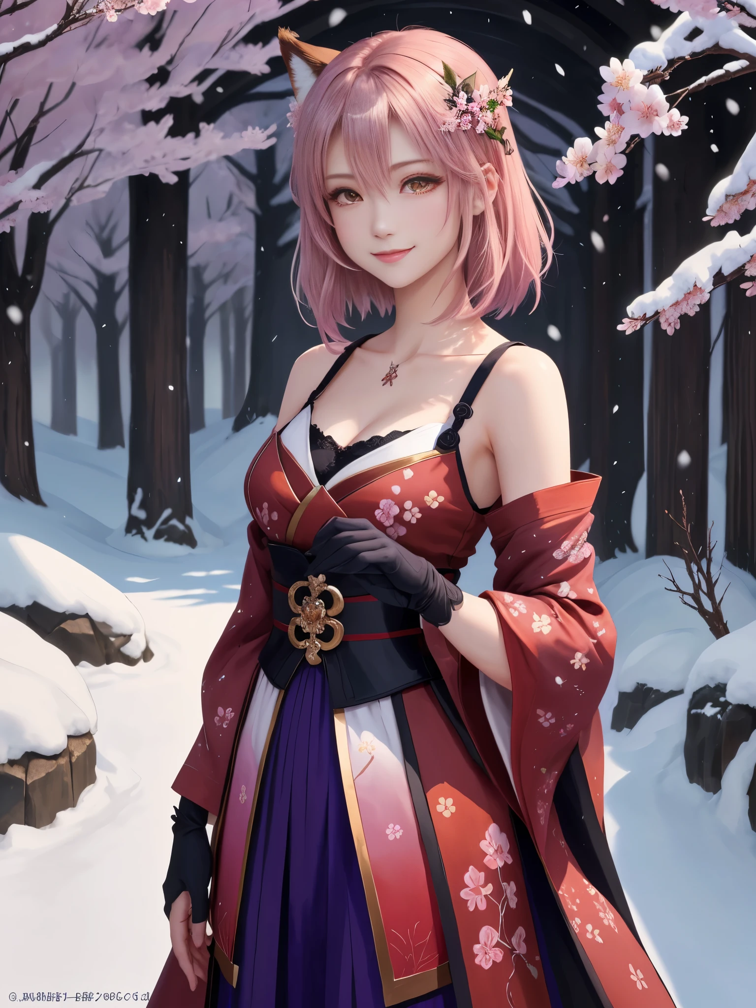 masterpiece , best quality,smile,smile,small face,shoulder exposure,less cleavage exposure,light pink hair,slender body shape,brown eyes,sharp contrast,short hair,Beautiful short hair,Berry Short,short cut hair,just one person,precision quality,Faithfully reproduced eyes, 一面に咲くcherry blossom background,snow scene,masterpiece, 幻想的なcherry blossom background,night,nightの背景,cherry blossom background,beautiful details, colorful, delicate details, delicate lips, intricate details, genuine, ultrargenuineista, 枝に座っている色とりどりの髪のFoxを持つ女の子:Mature, bright eyes, ,色とりどりのFox, raposa de nine tails, 三尾Fox, 三尾Fox, onmyoji detail art, beautiful fine art illustration, mythical creatures, Fox, beautiful digital art,shrine maiden,hold hands,exquisite digital illustration, mizutsune, Inspired by mythical wild web creatures, pixiv in digital art, shining light, high contrast, Mysterious,