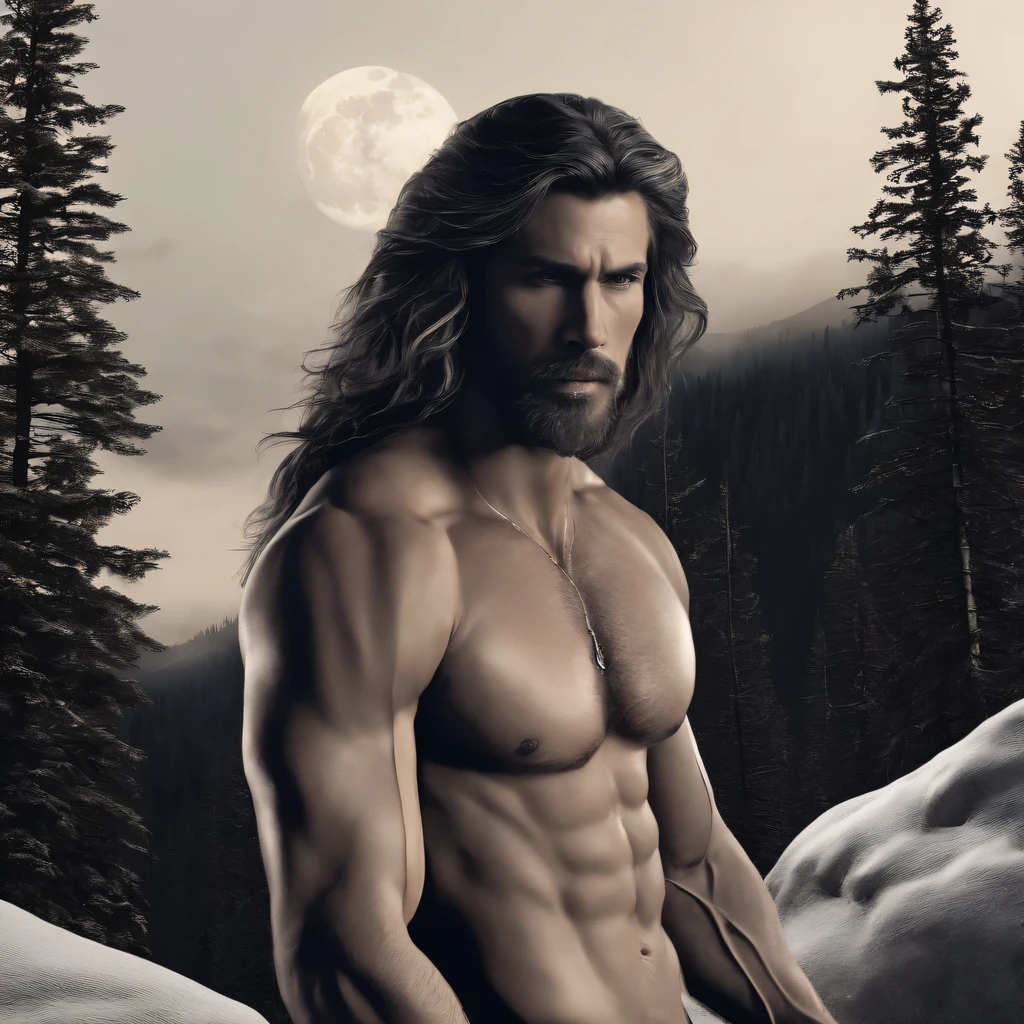 Full-body image, 8K, A masterpiece, the most detailed, the highest quality, the perfect look. too realistic oil, create fit, man, tan, muscle, bouncing, naked, gray wolf, (long hair:1.3), dark theme, dense forest, full moon, night, dark,